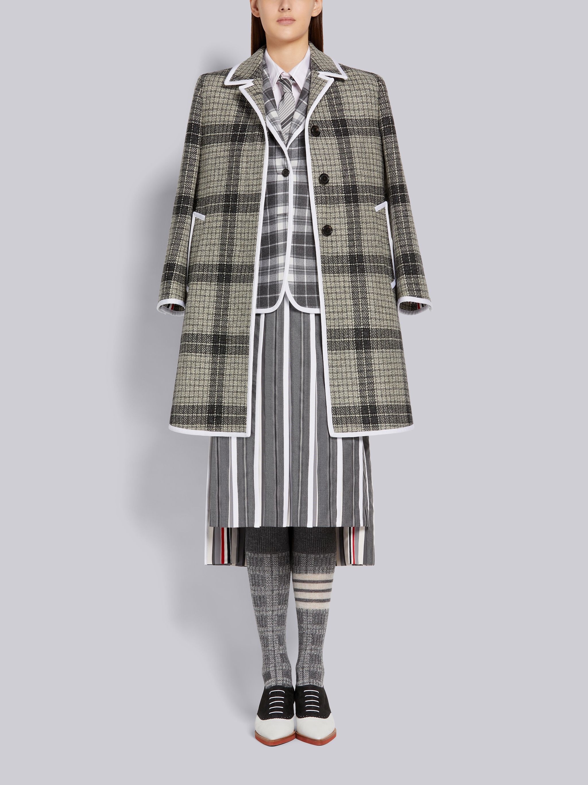 Medium Grey Grid Windowpane Check British Wool Grosgrain Tipping Narrow Shoulder Bal Collar Overcoat - 4