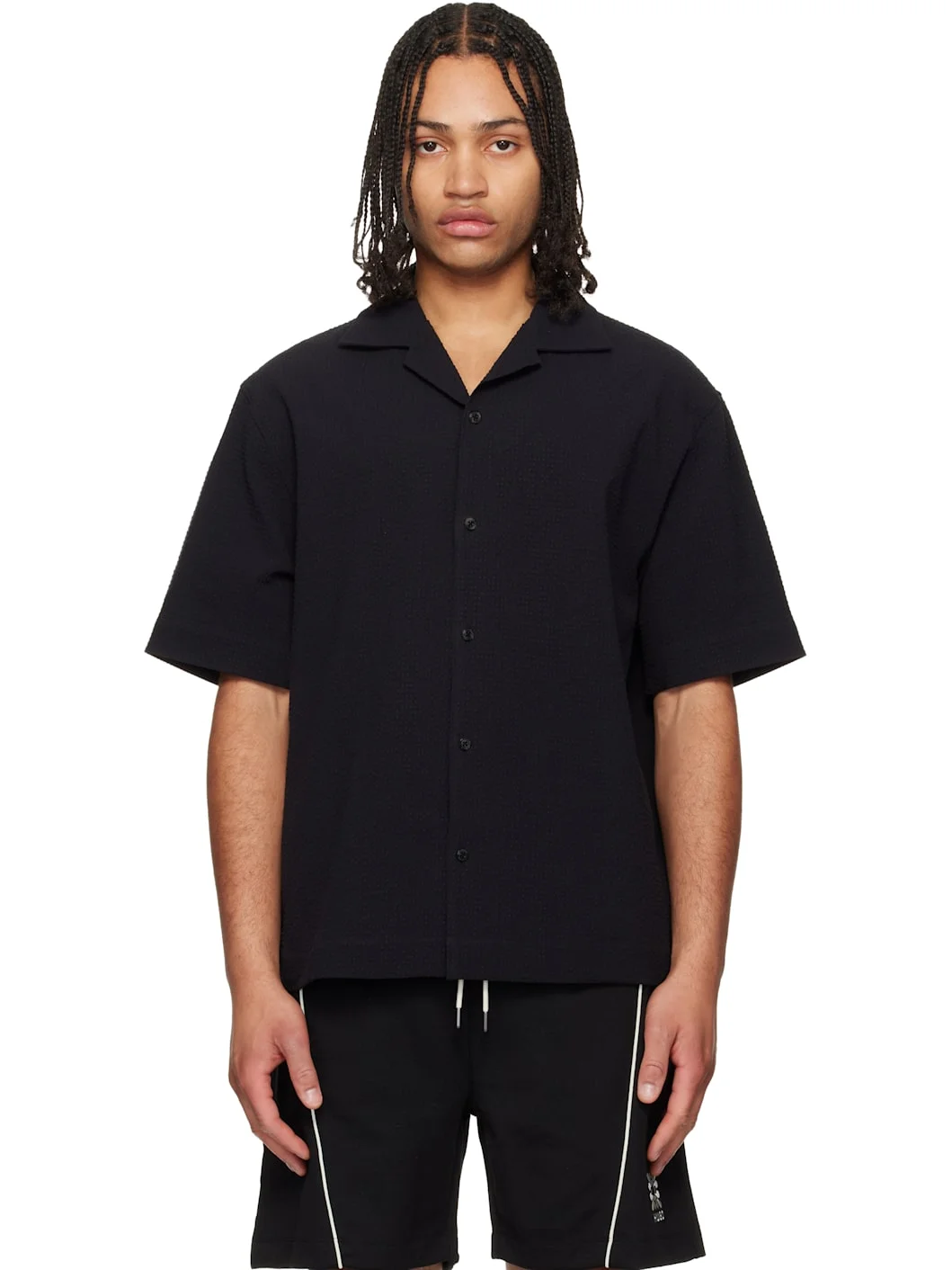 Black Oversized-Fit Stretch Cotton Seersucker Shirt - 1