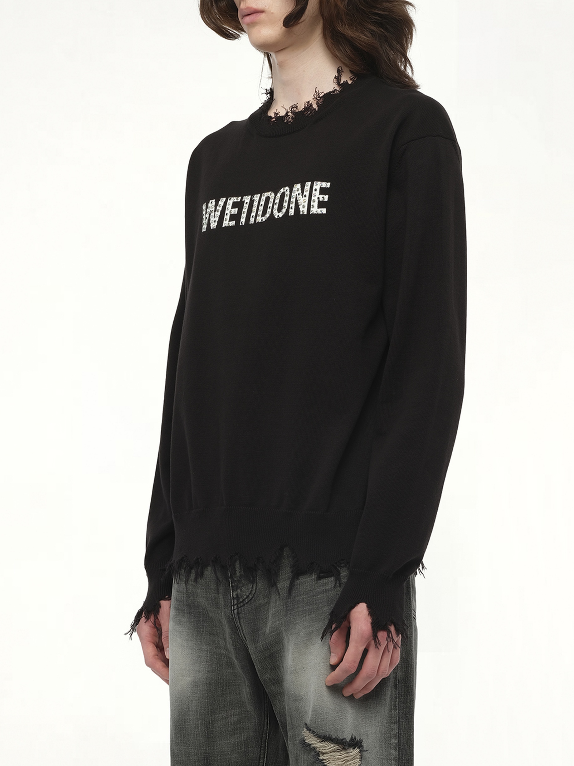Grunge Rhinestone Logo Sweater in Black - 5