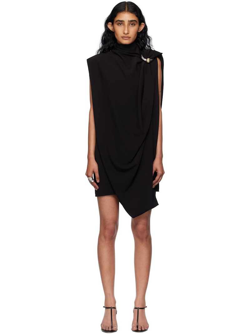 Black Draped Jersey Minidress - 1