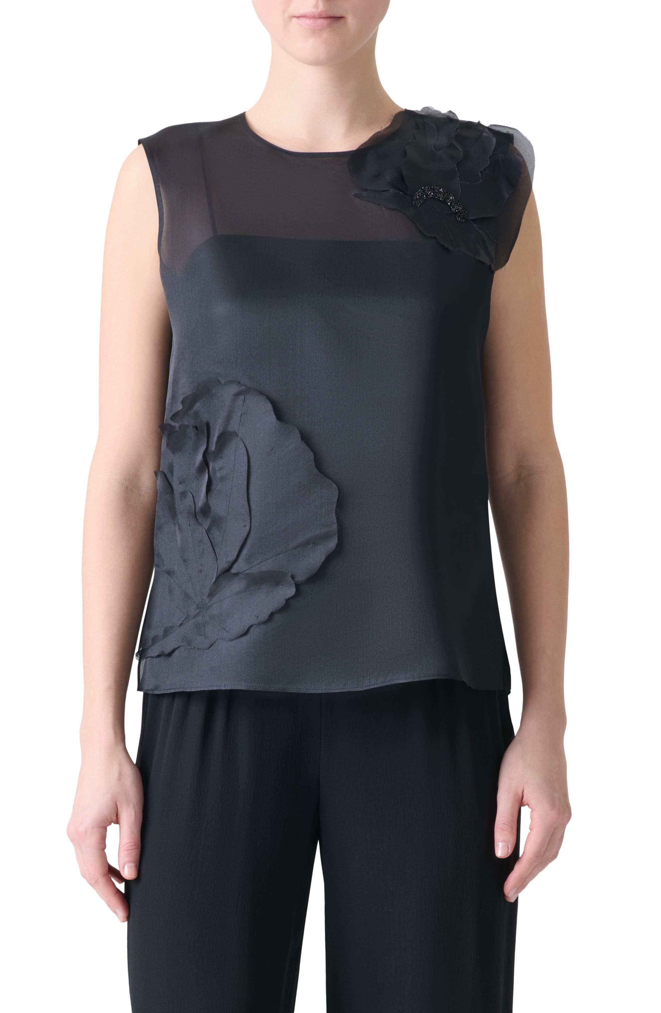 Akris 3D Poppy Appliqué Silk Organza Top in Black at Nordstrom - 1