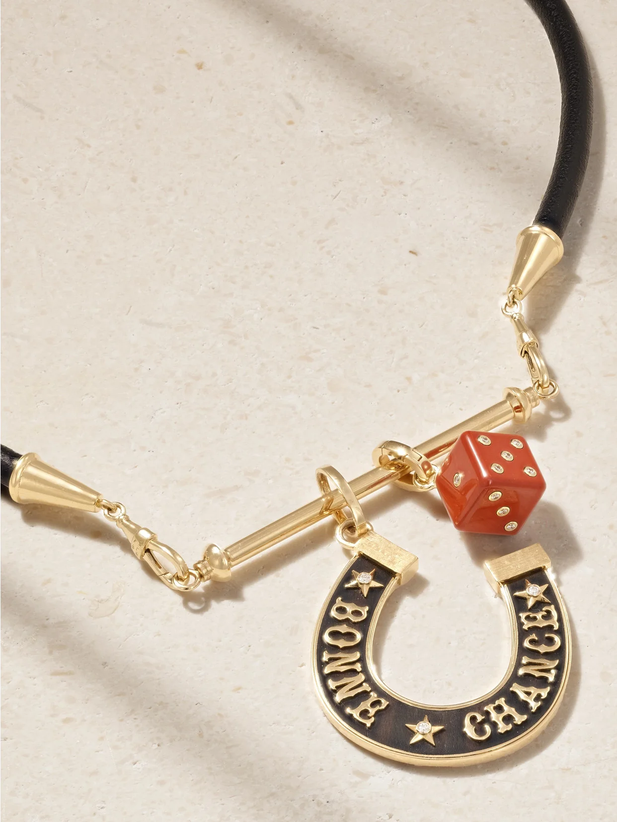 Lasso, Jasper Dado And Bonne Chance Jumbo 18-karat Gold, Ebony And Diamond Leather Necklace - 1