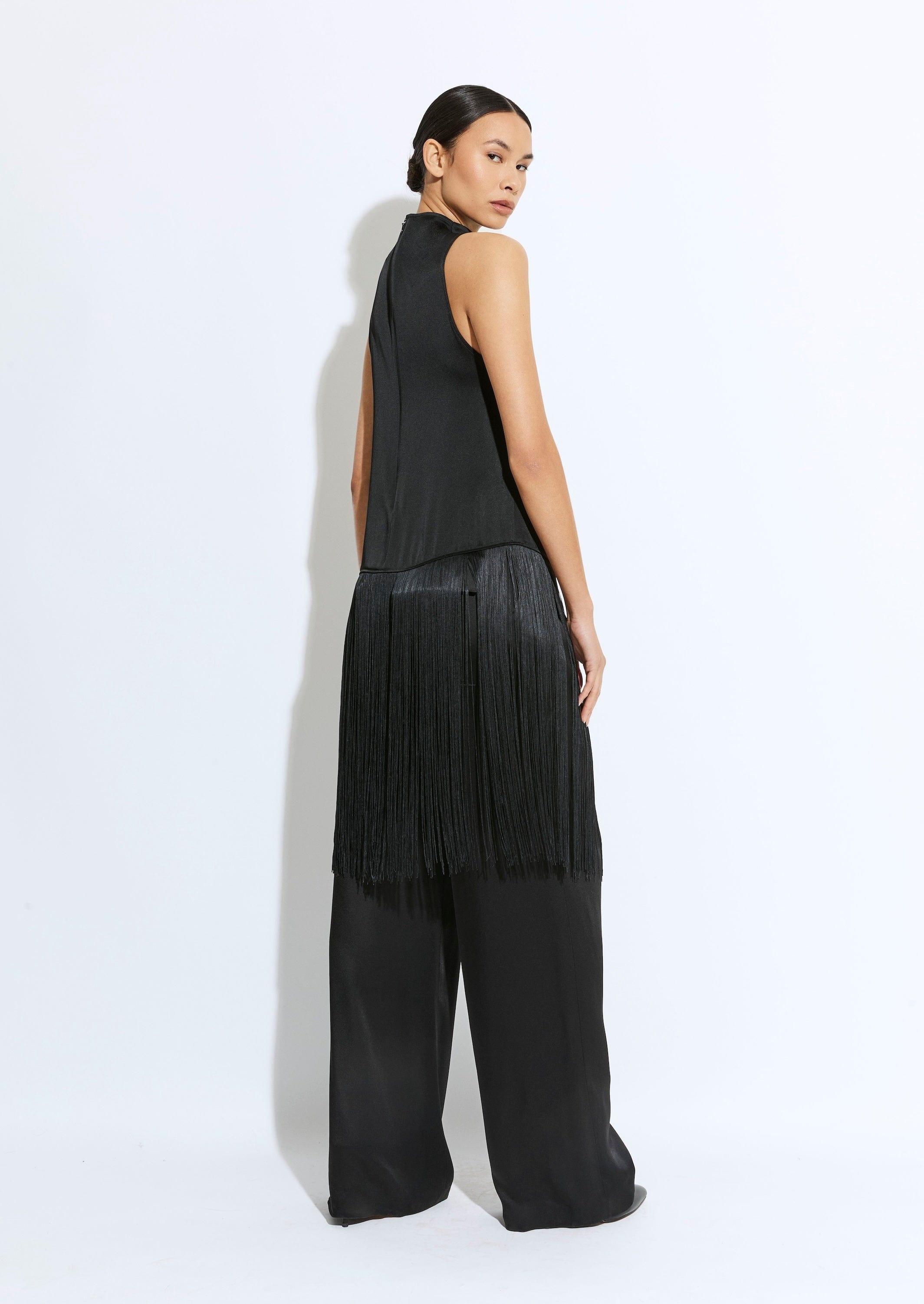 Satin Cowl Neck Fringe Top - 3