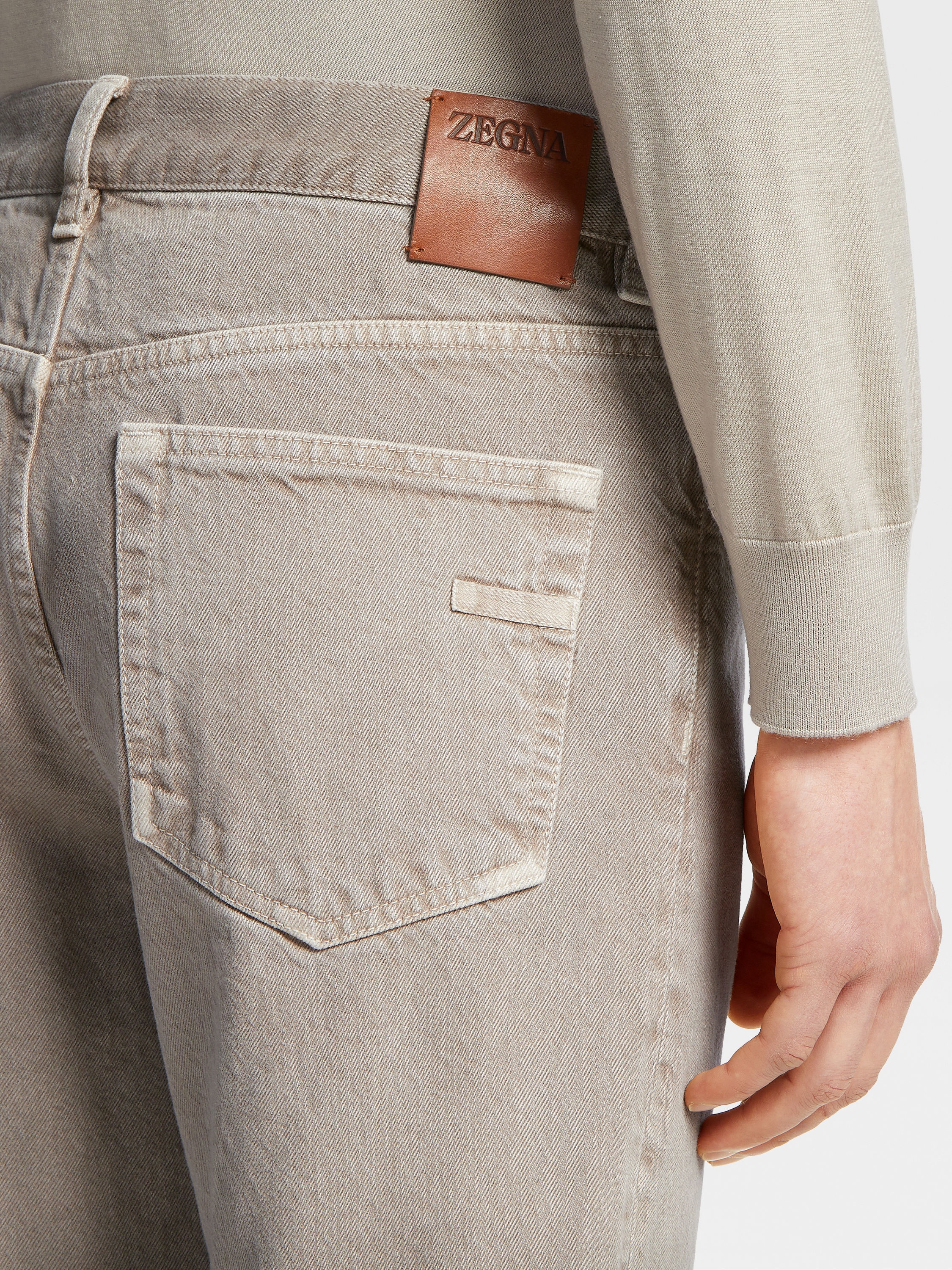 LIGHT TAUPE MARBLED COTTON ROCCIA JEANS - 5
