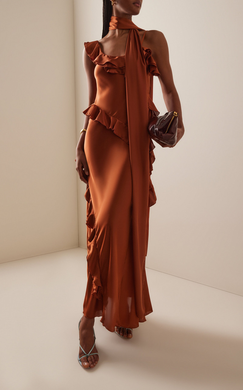 SIEDRÉS Exclusive Monica Ruffled Satin Maxi Dress brown outlook