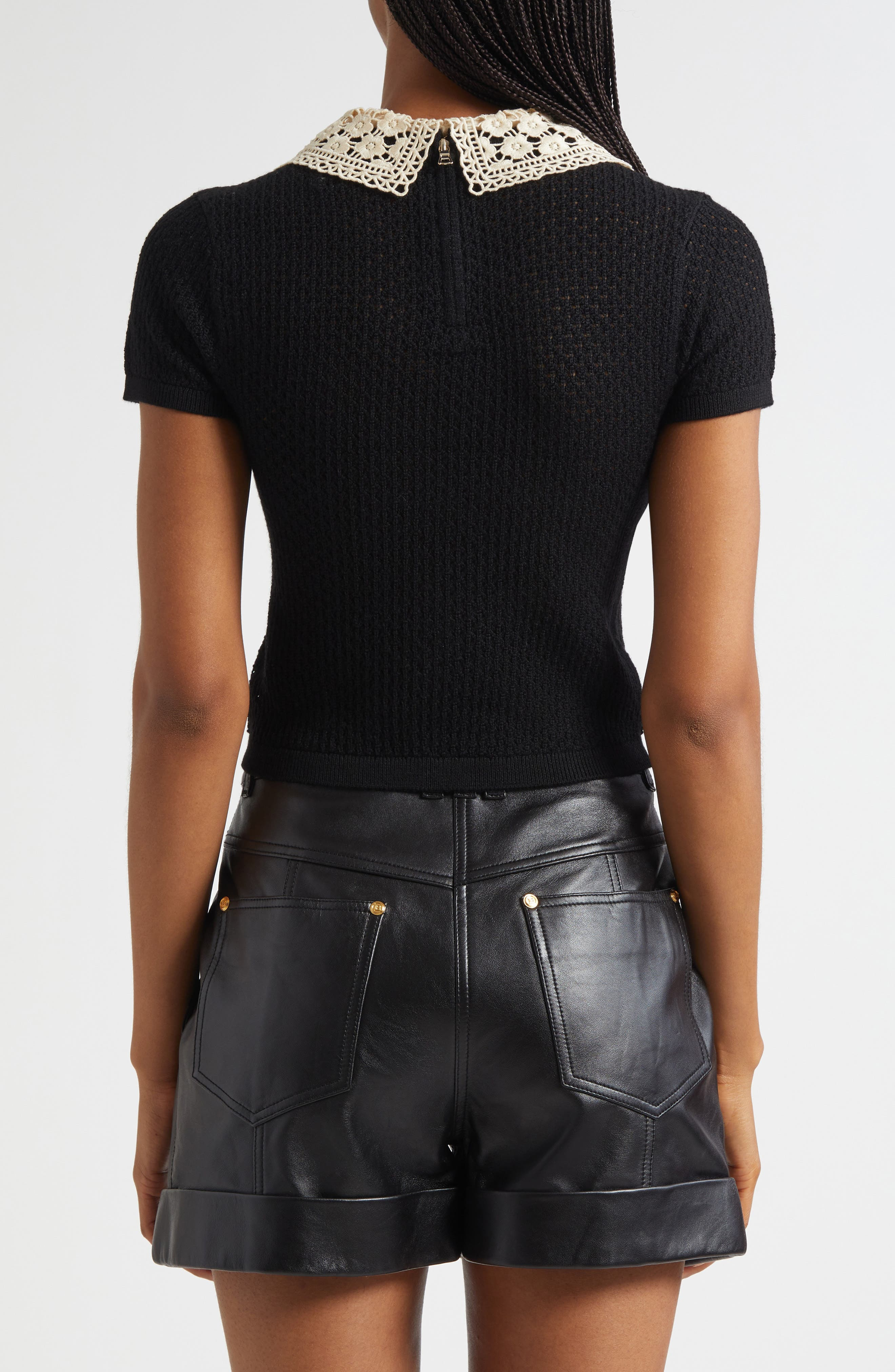 Alice + Olivia Ciara Lace Collar Short Sleeve Wool Blend Sweater in Black at Nordstrom - 3