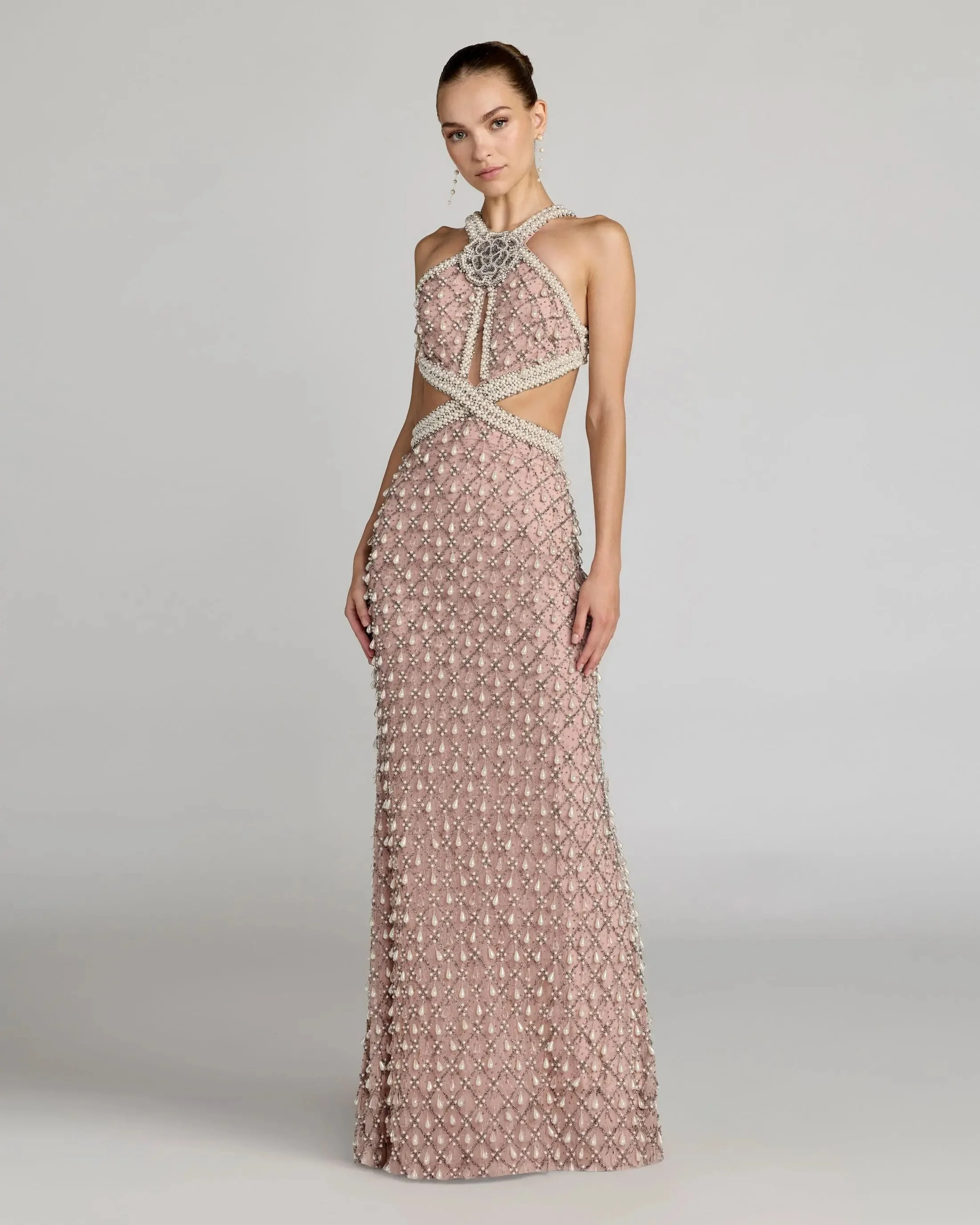Light Rose Pearl Embellished Open Back Gown - 1