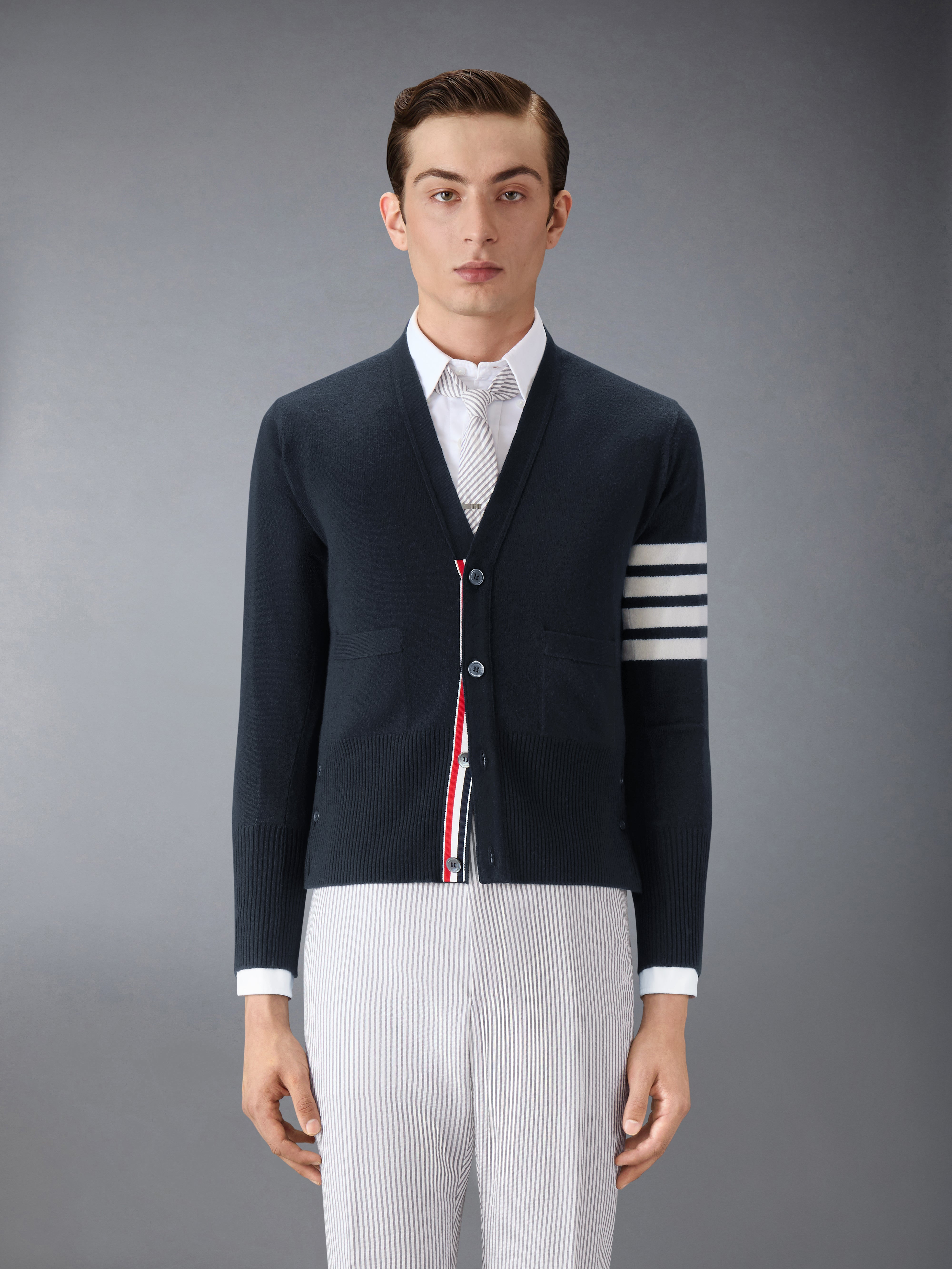 Navy Cashmere 4-bar V-neck Cardigan - 2
