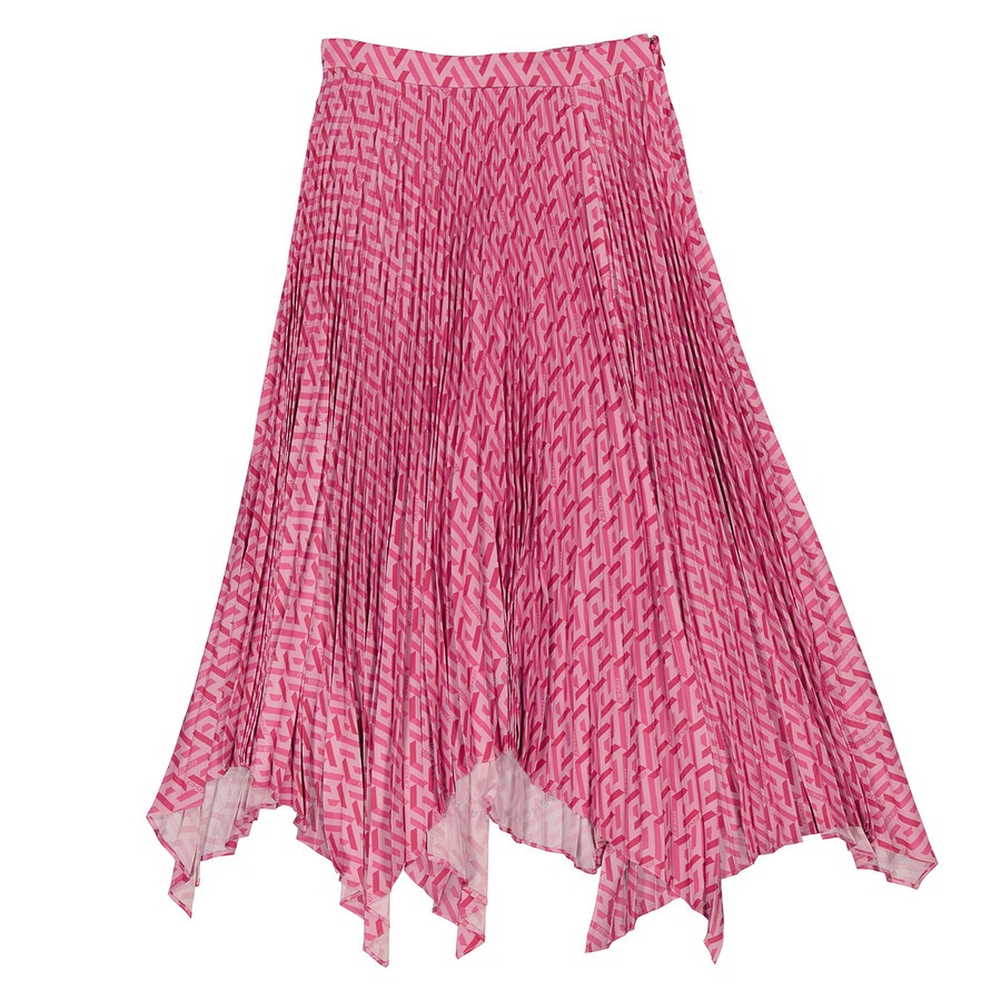 Versace Ladies Pink/Fuxia La Greca Pleated Midi Skirt - 1