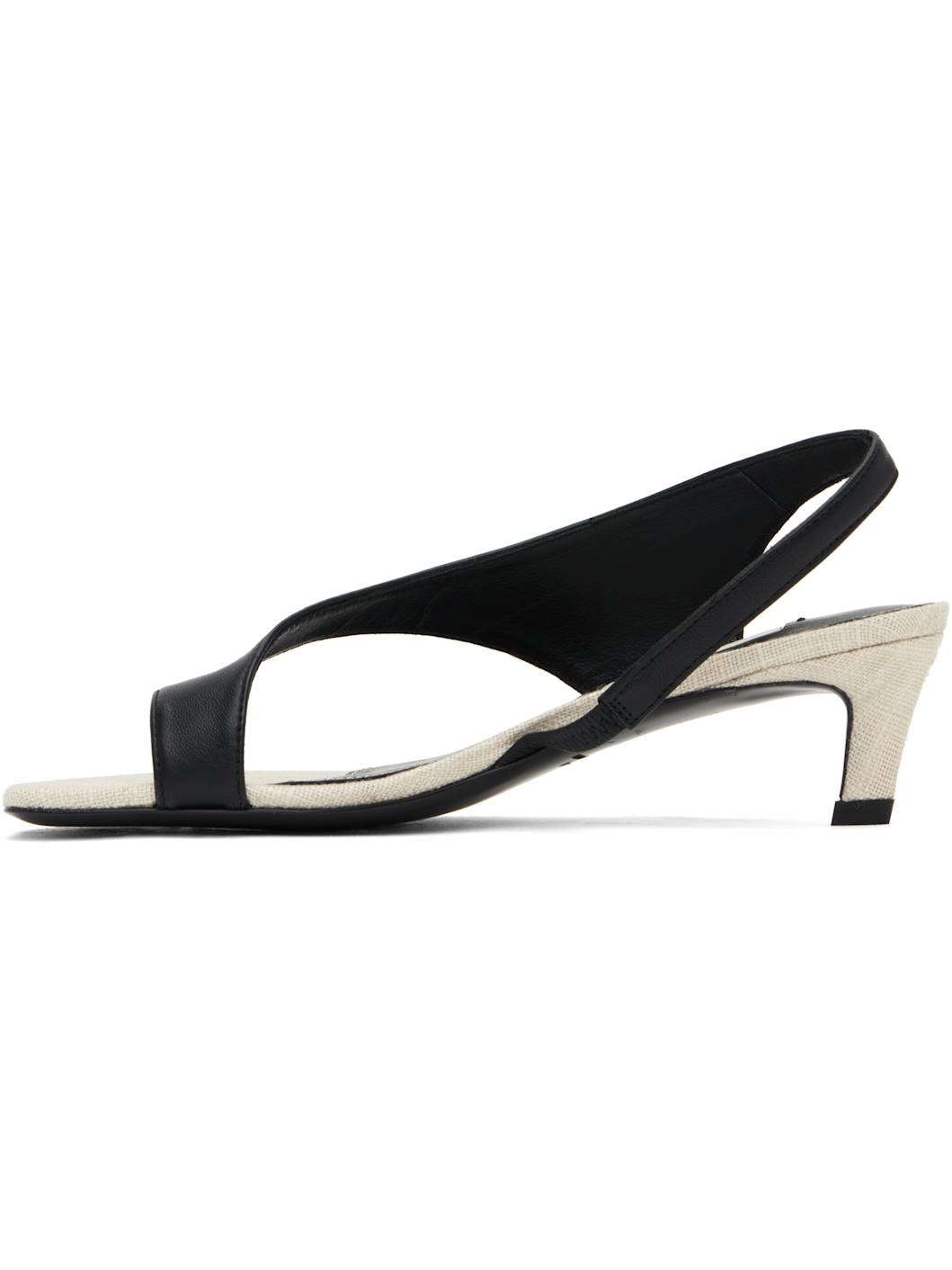 Black & Beige Leather Thong Heeled Sandals - 3