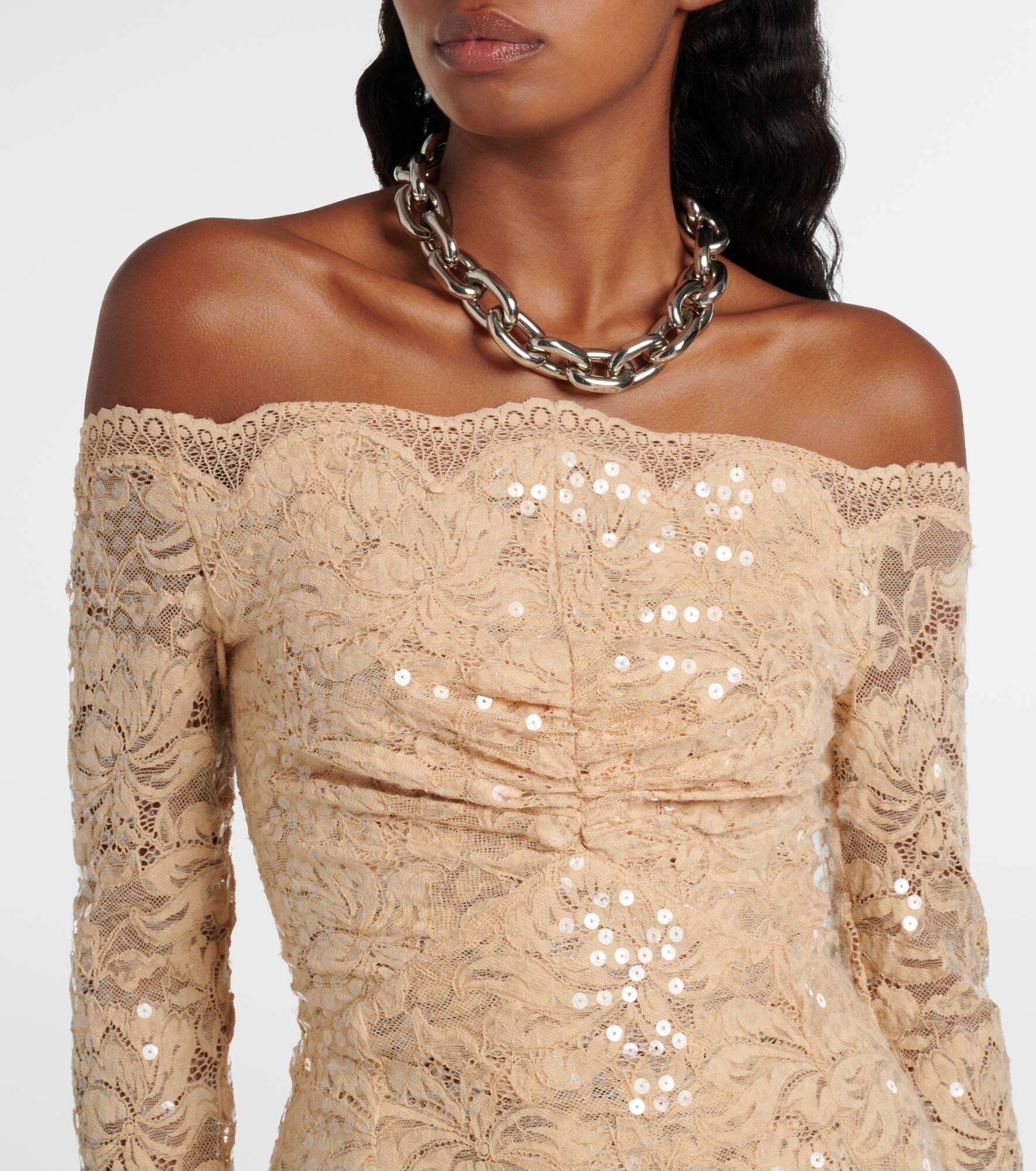 Sequined off-shoulder lace maxi dress - 4