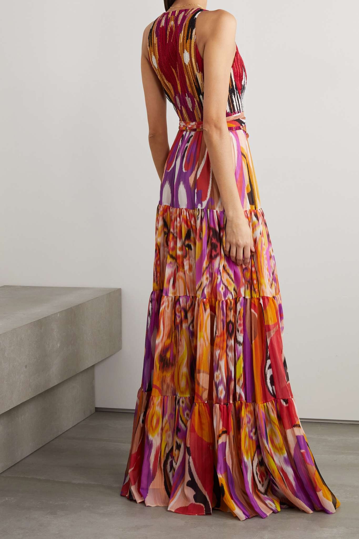 Belted bead-embellished tiered printed silk maxi dress - 3