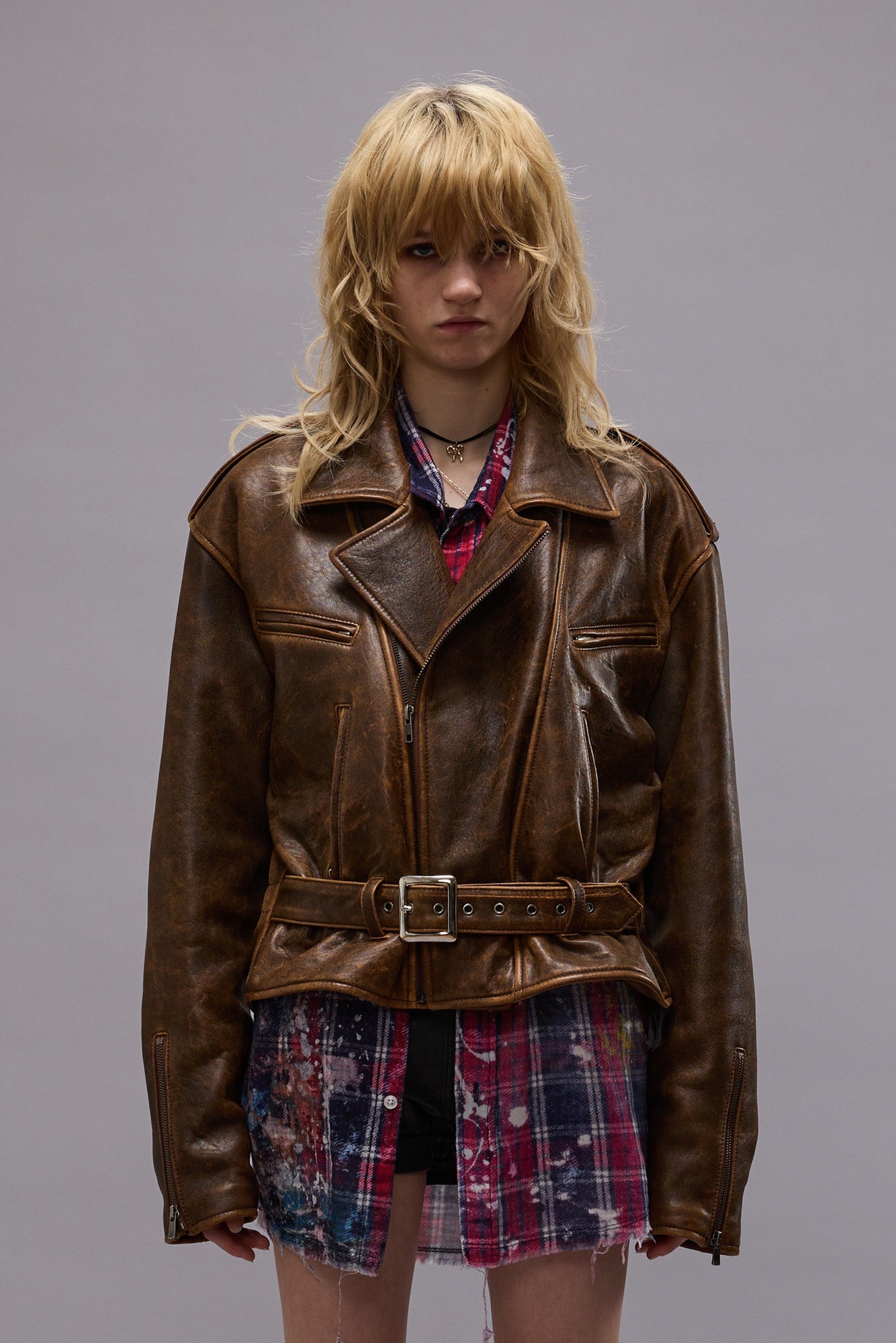 R13 EXAGGERATED SHOULDER MOTORCYCLE JACKET - BROWN LEATHER
