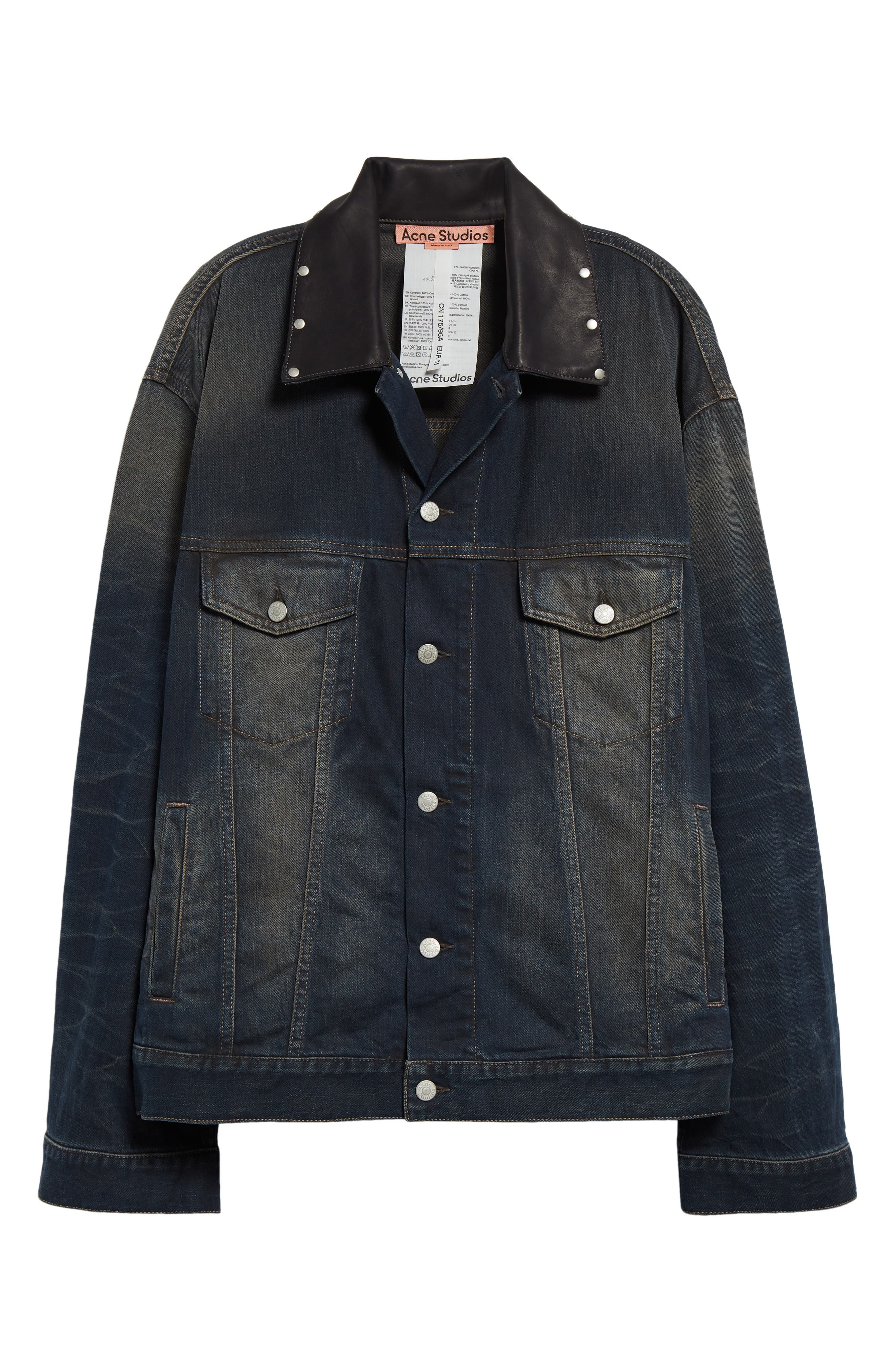 Acne Studios Leather Collar Oversize Denim Jacket in Dark Blue at Nordstrom - 7