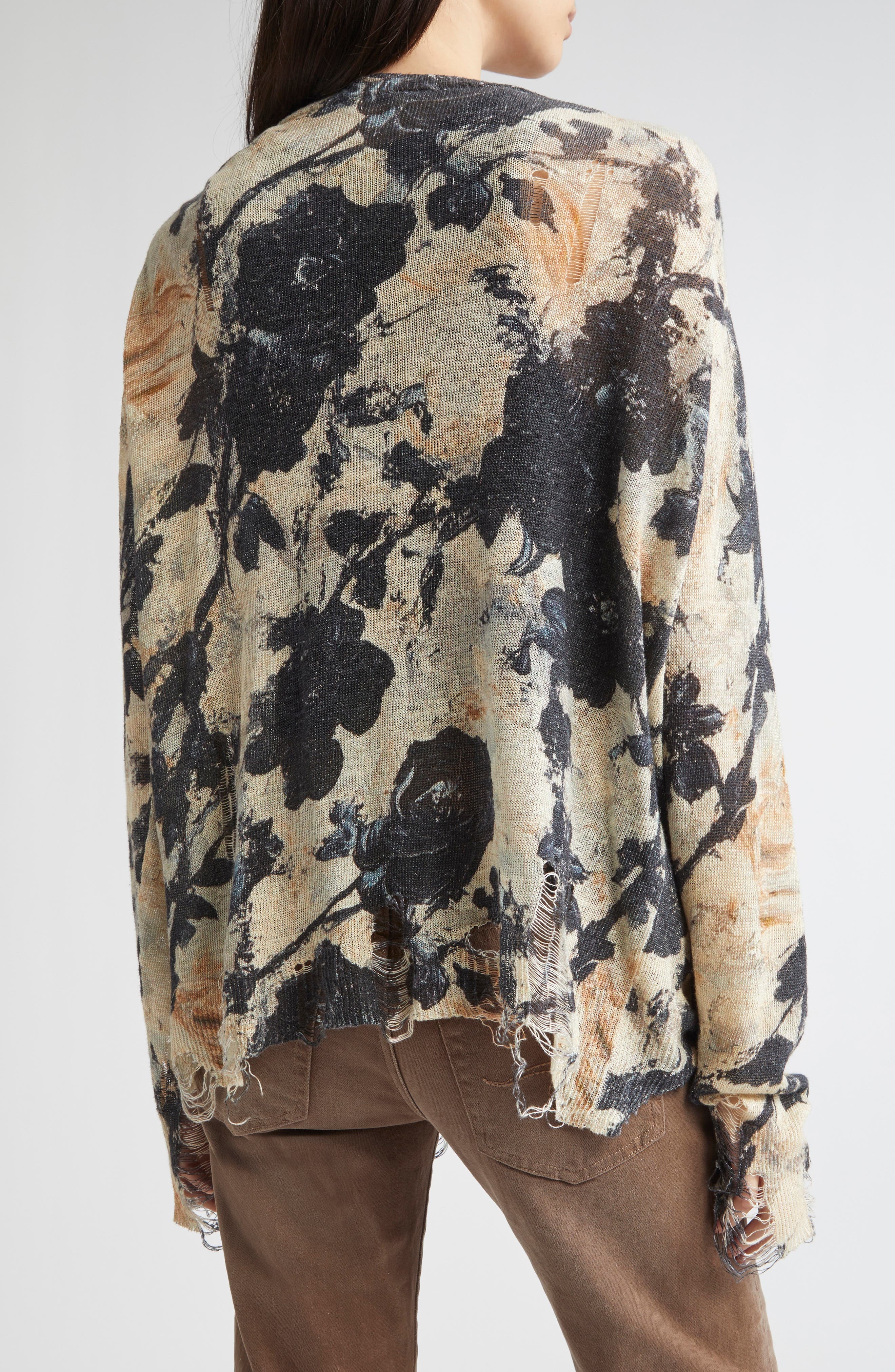 R13 Ripped Floral Linen Cardigan in Black And Cream Floral at Nordstrom - 3