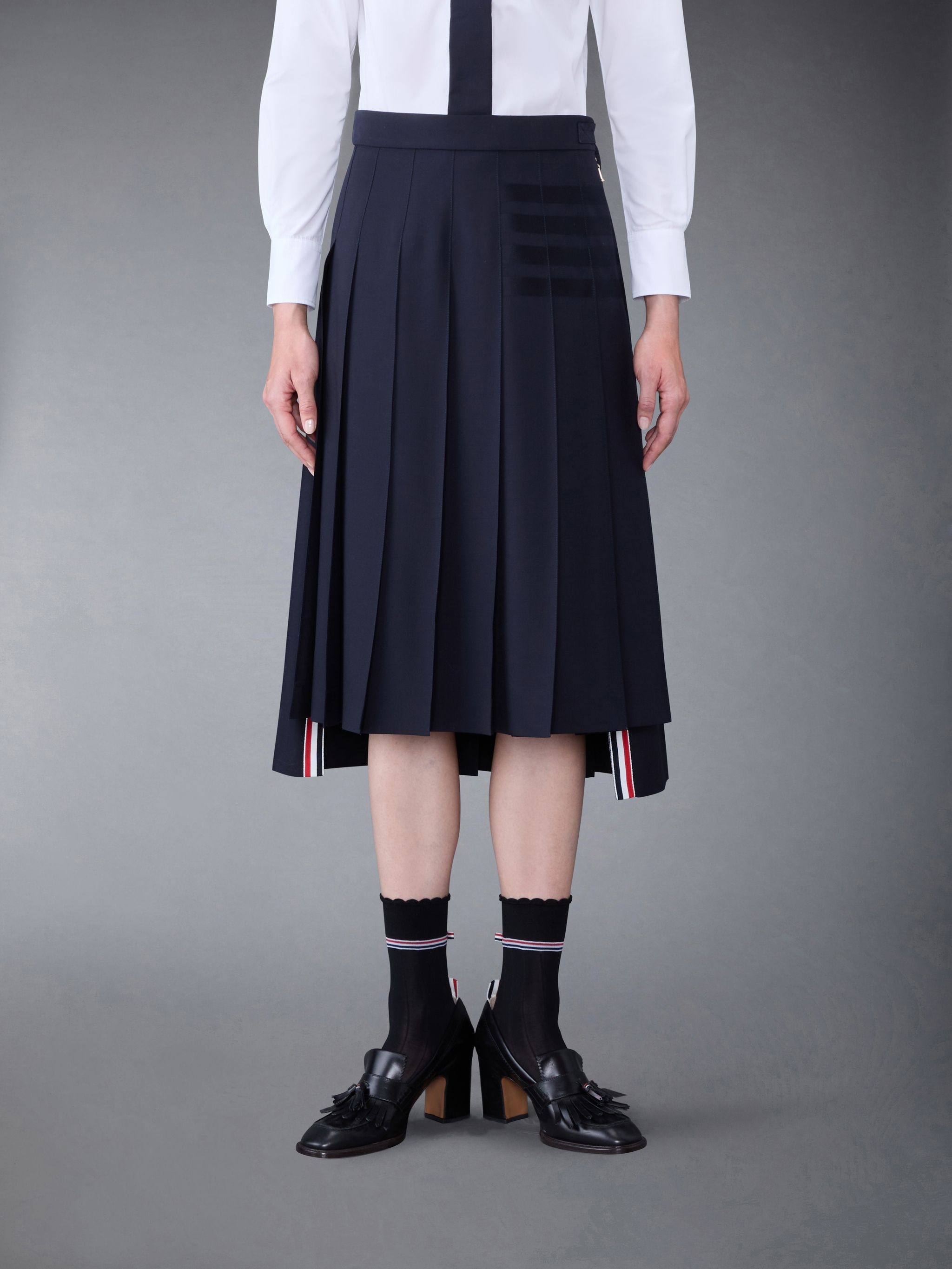 Plain Weave 4-Bar Dropped Back Pleated Skirt - 1