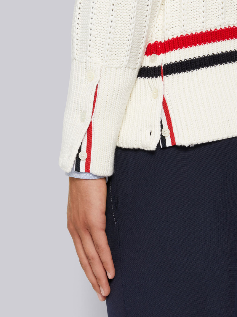 White Cotton Stripe Trim Cable Knit V-Neck Pullover 6