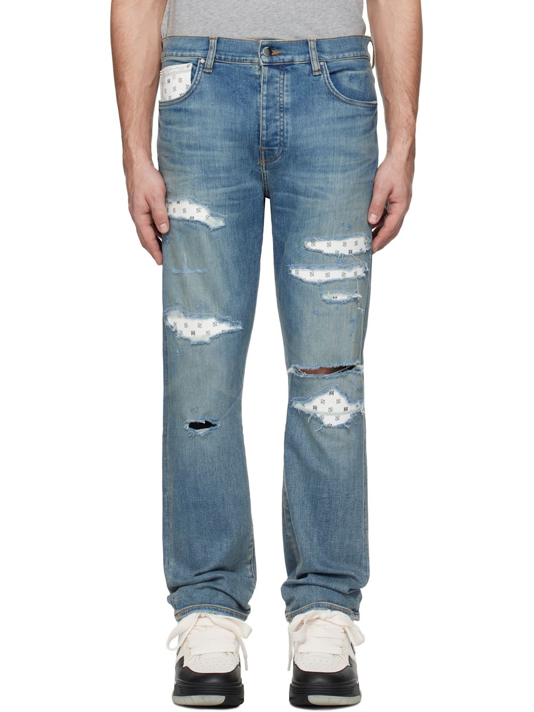 Blue Leather Bandana Repaired Slim Jeans - 1