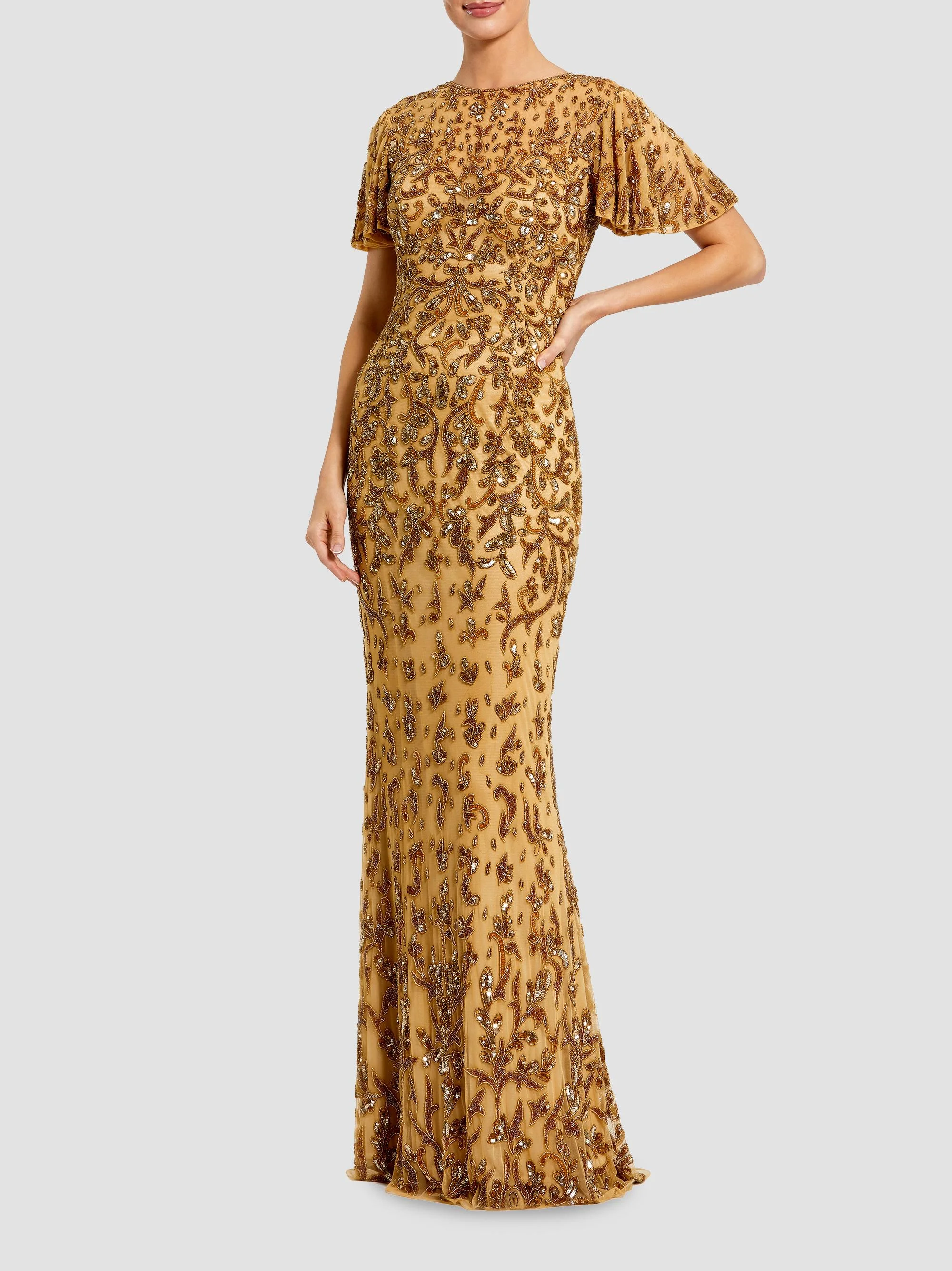 Women's Embellished Flutter-Sleeve Column Gown - Biege Gold - 1