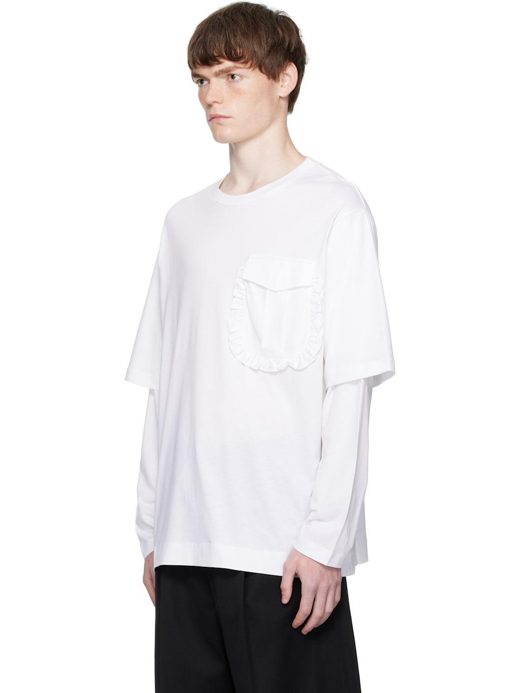 White Layered Ruffle Pocket Long Sleeve T-shirt - 4