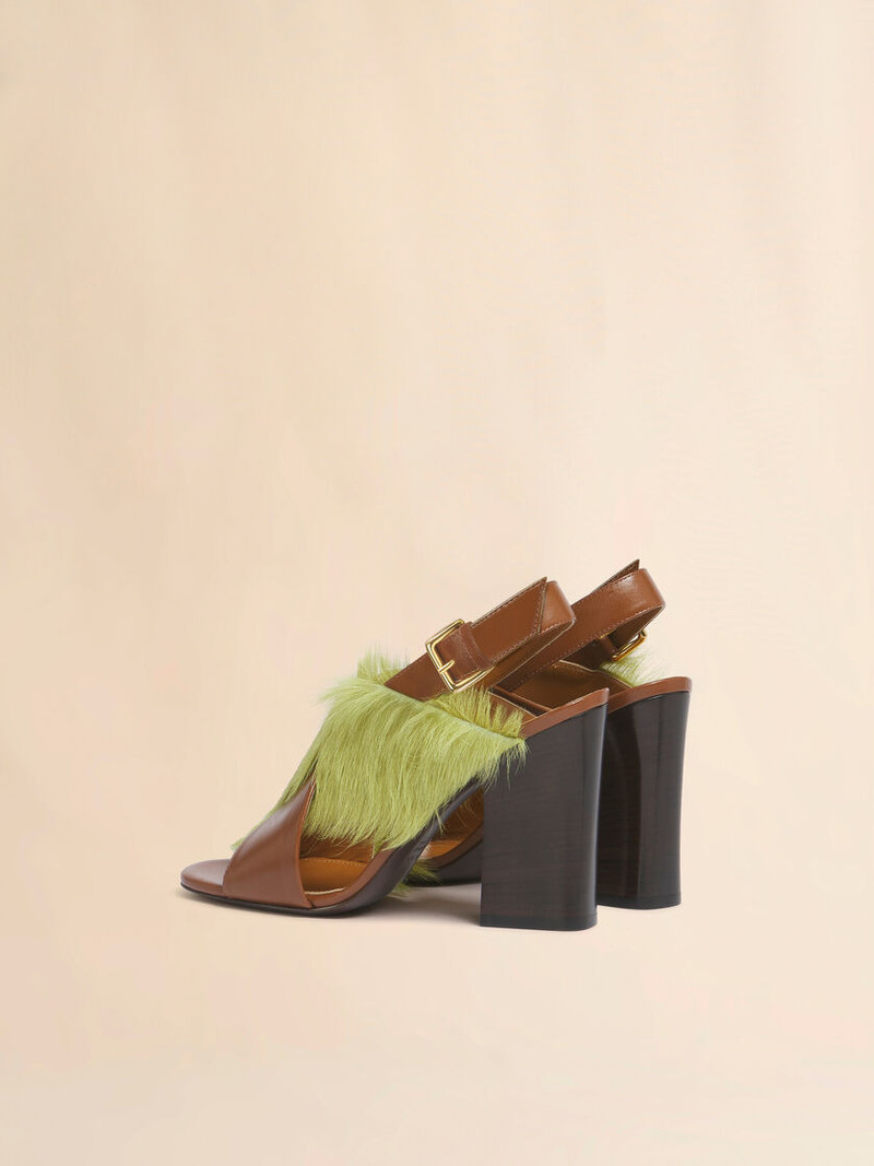 Marni BROWN AND GREEN LEATHER AND LONG-HAIR CRISS-CROSS SANDAL outlook