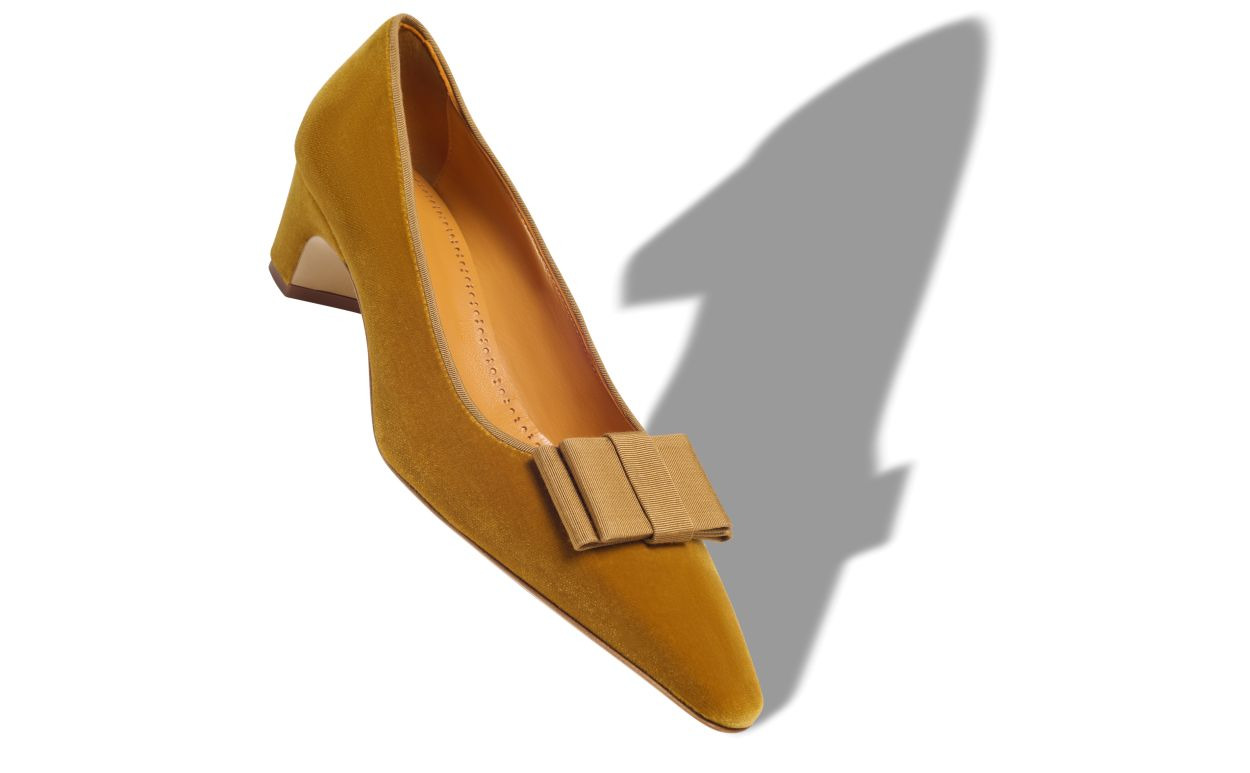 Dark Yellow Velvet Bow Detail Pumps - 2
