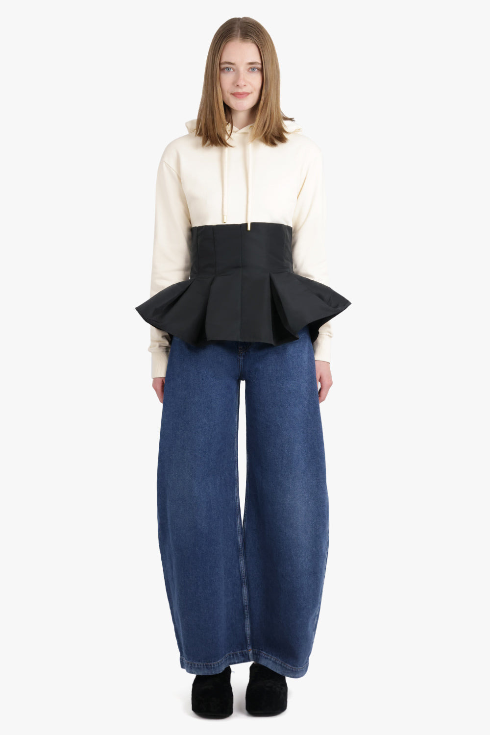 HOODED L/S SWEATSHIRT WITH PEPLUM DETAIL | CREAM/BLACK - 3
