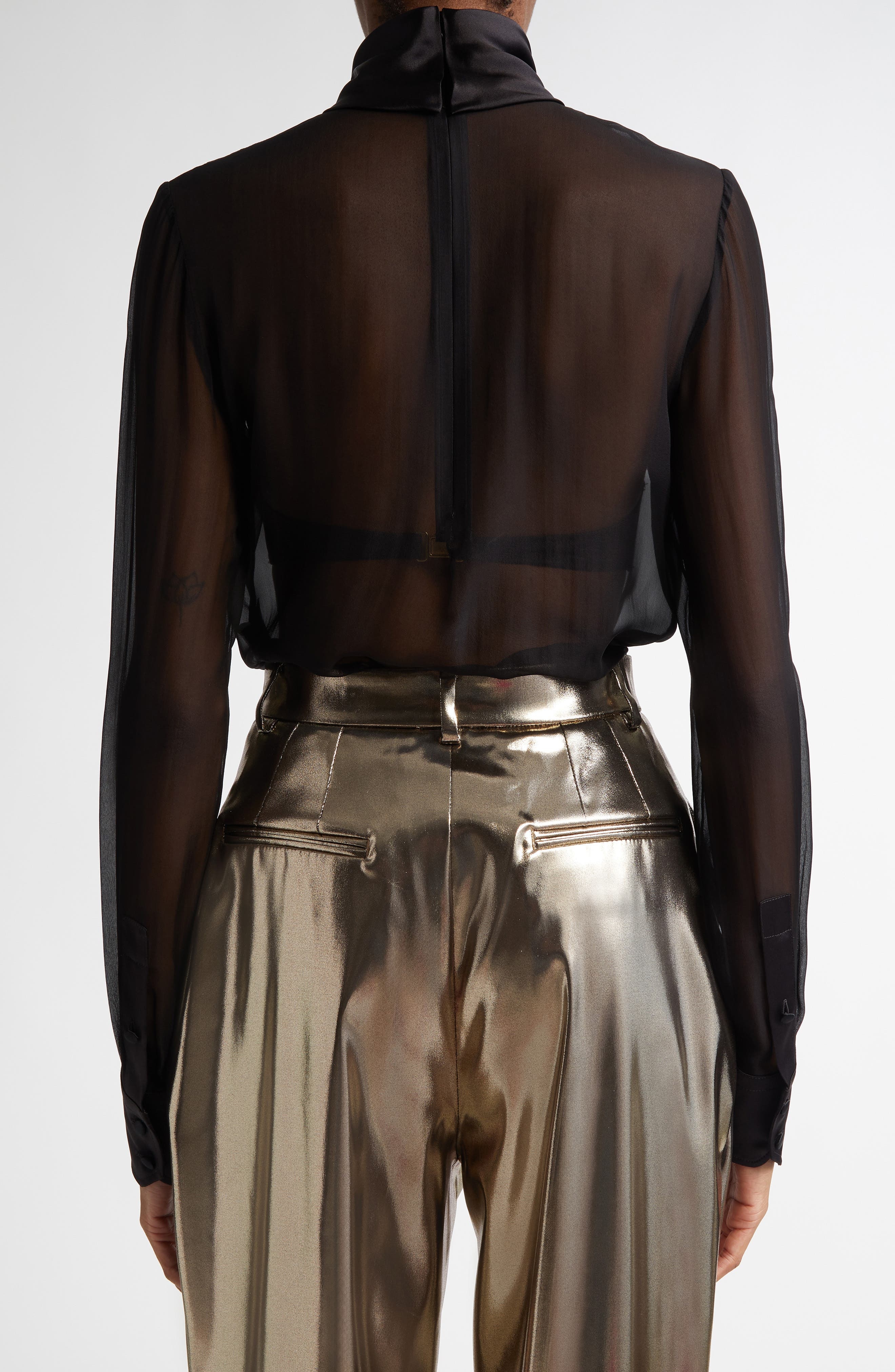 Dolce&Gabbana Sheer Mock Neck Long Sleeve Silk Top in N0000 Nero at Nordstrom - 3
