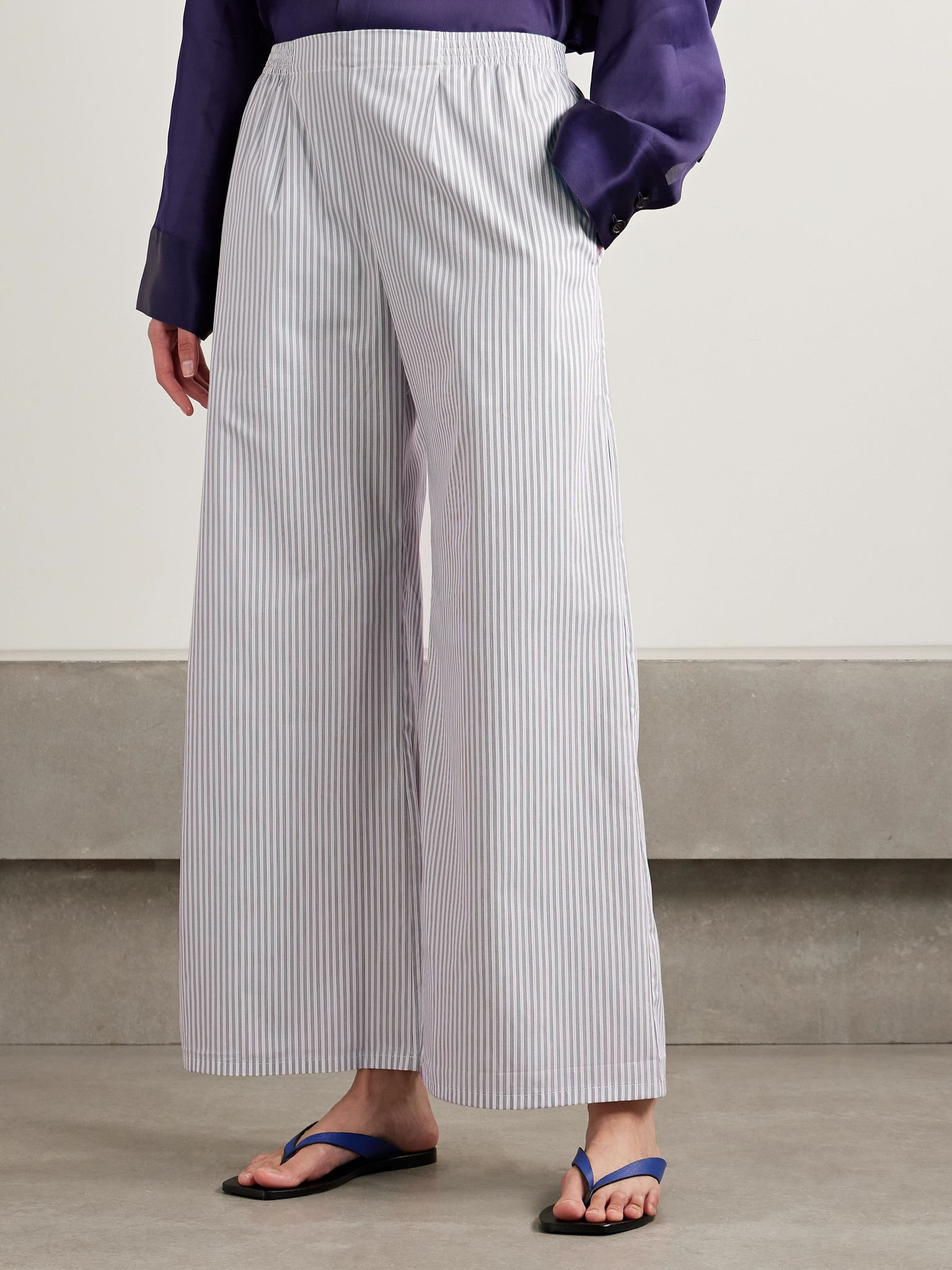 Yoshi pinstriped cotton-blend poplin wide-leg pants Light gray - 3