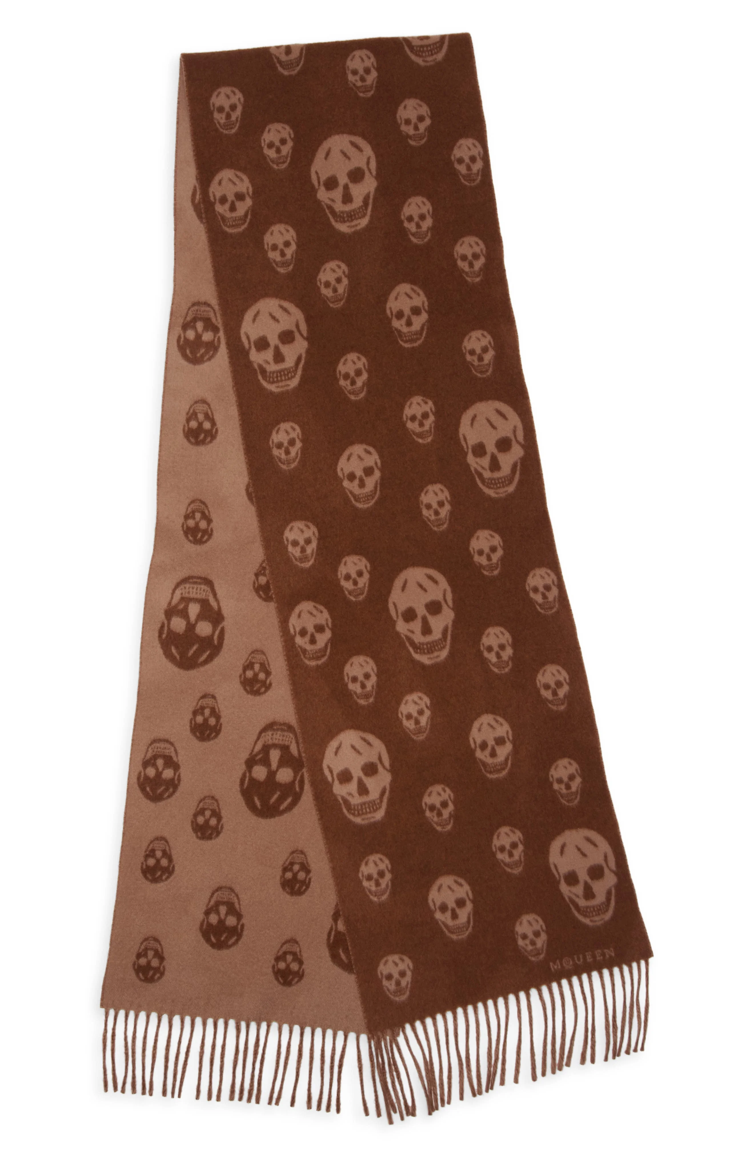 McQueen Skull Jacquard Double Face Wool & Cashmere Fringe Scarf in Light Brown/Camel at Nordstrom - 1
