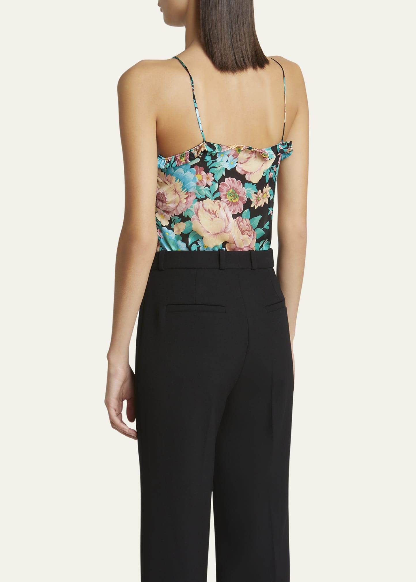 Floral Ruched Ruffle-Trim Silk Tank Top - 3