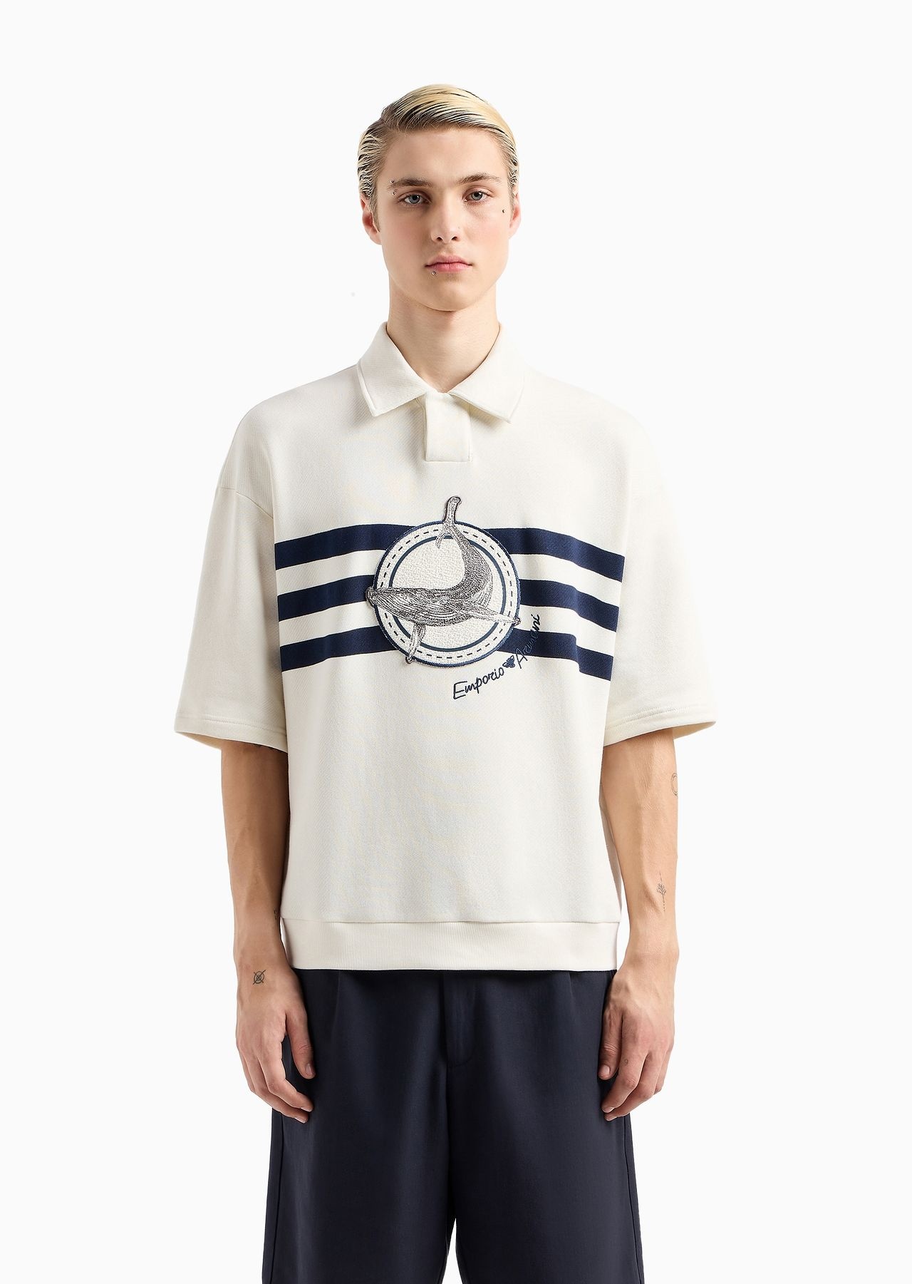 Short-sleeved sweatshirt with a polo-shirt collar in cosy twill with an oversized whale patch and lo - 2