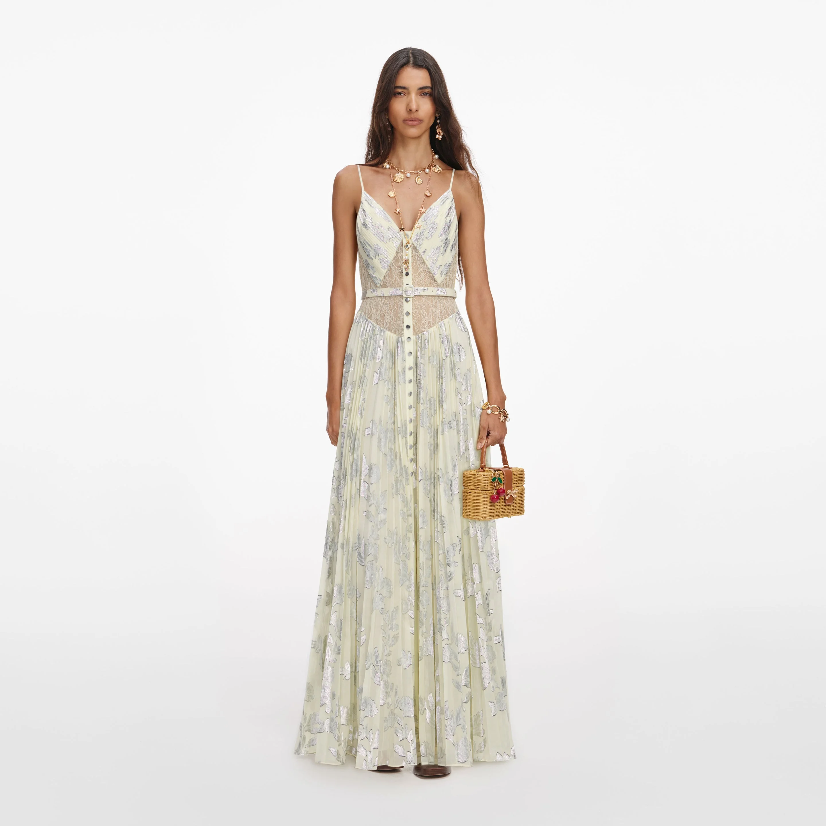 Yellow Metallic Chiffon Maxi Dress - 1