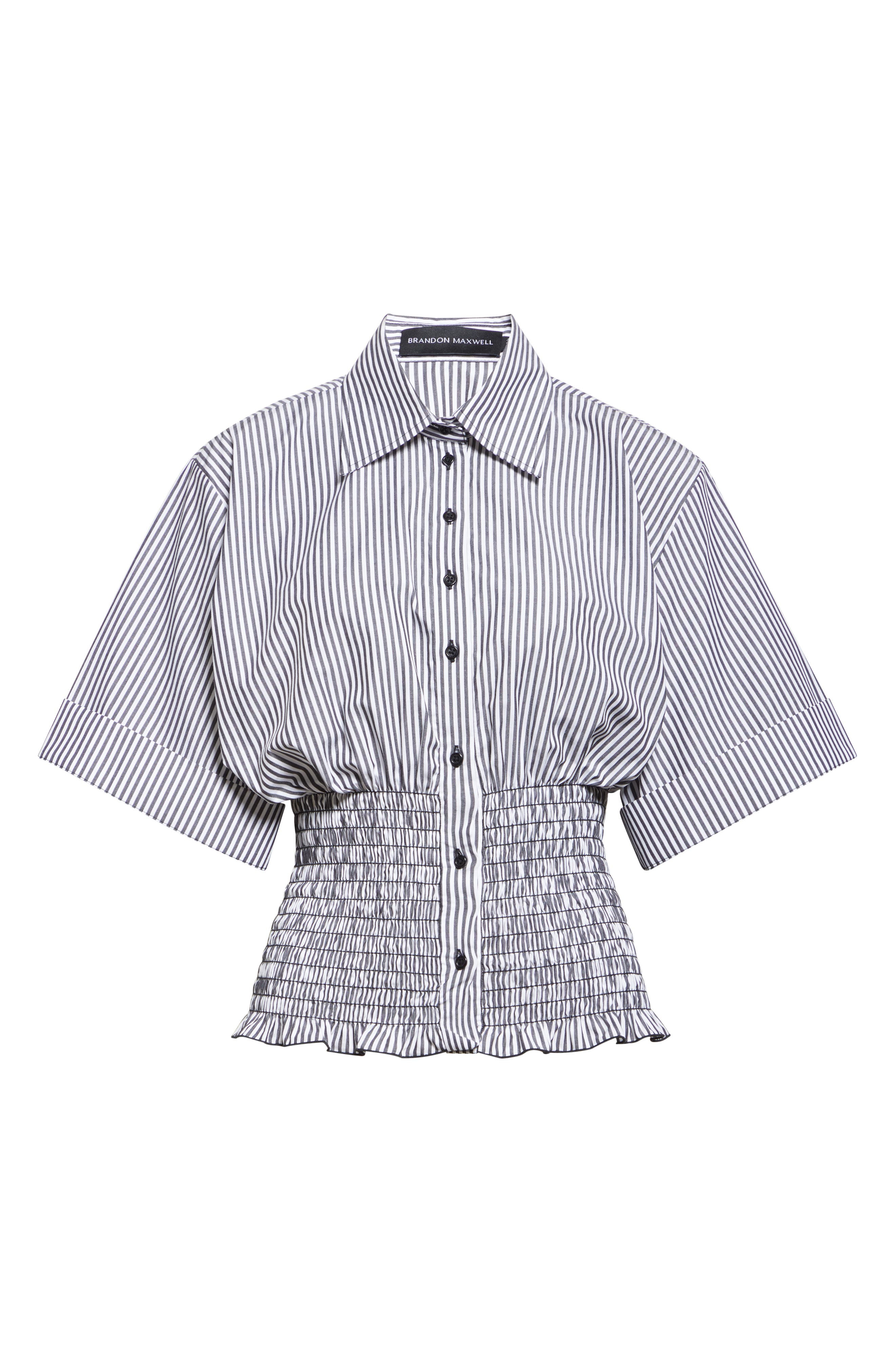 Brandon Maxwell The Harte Stripe Smocked Button-Up Shirt in Black/White Stripe at Nordstrom - 6