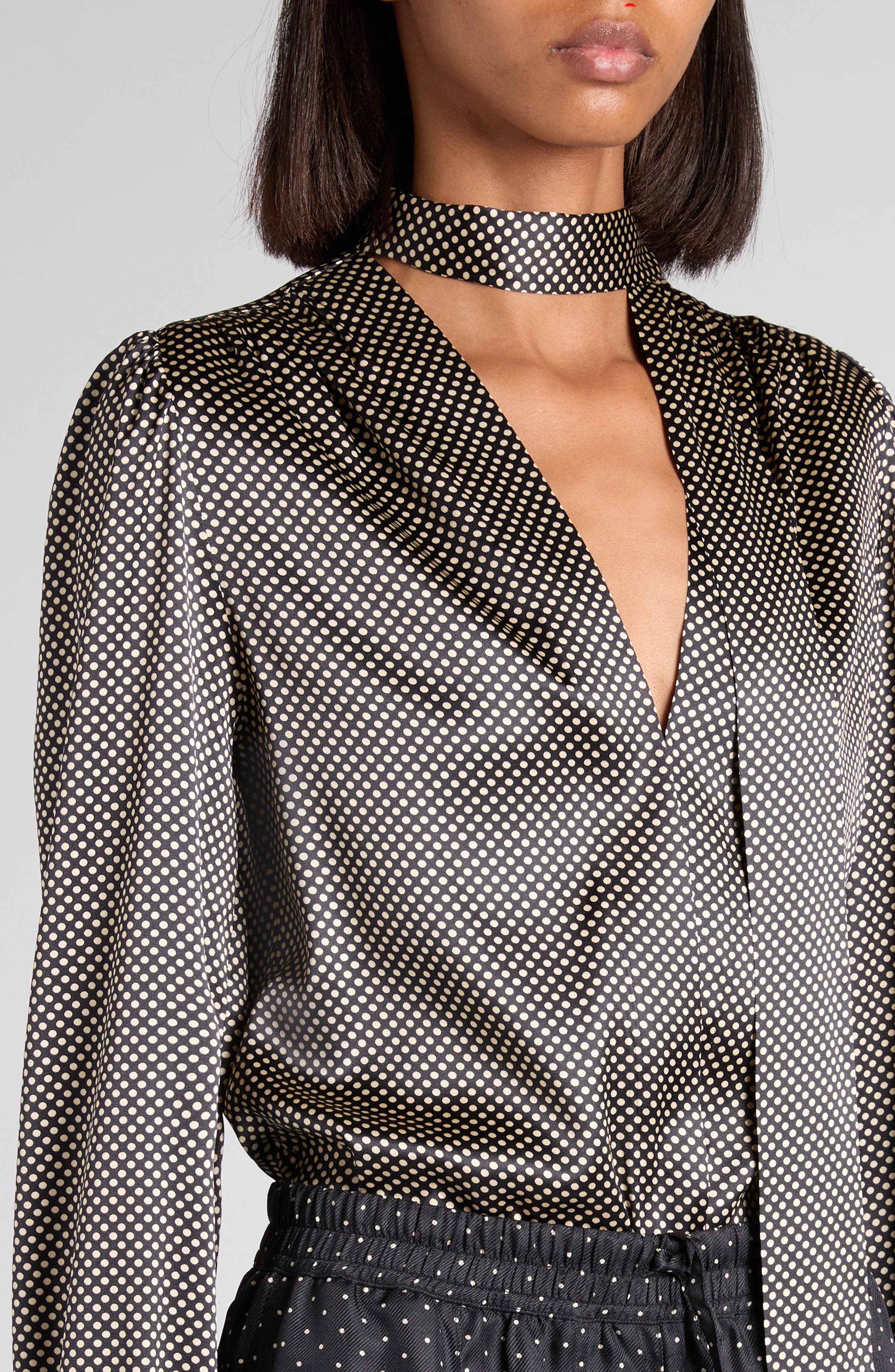 TOM FORD Polka Dot Stretch Silk Lavalliere Button-Up Shirt in Zblaw Black/White at Nordstrom - 5