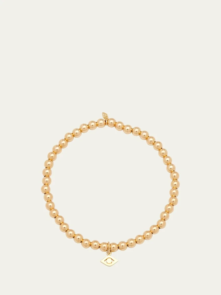 14K Evil Eye Link Charm on Round Gold Bead Bracelet - 1