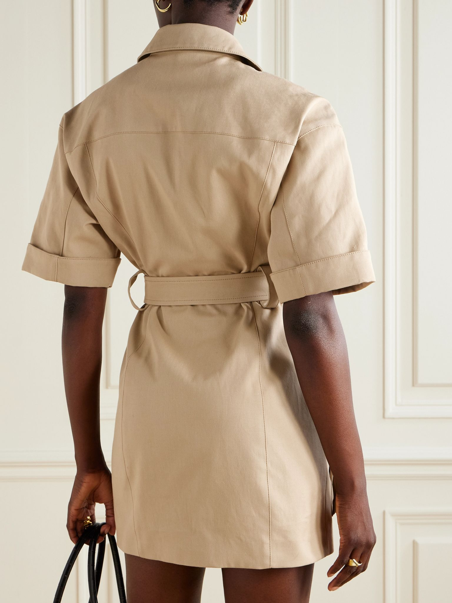 Belted cotton-gabardine mini dress Beige - 3