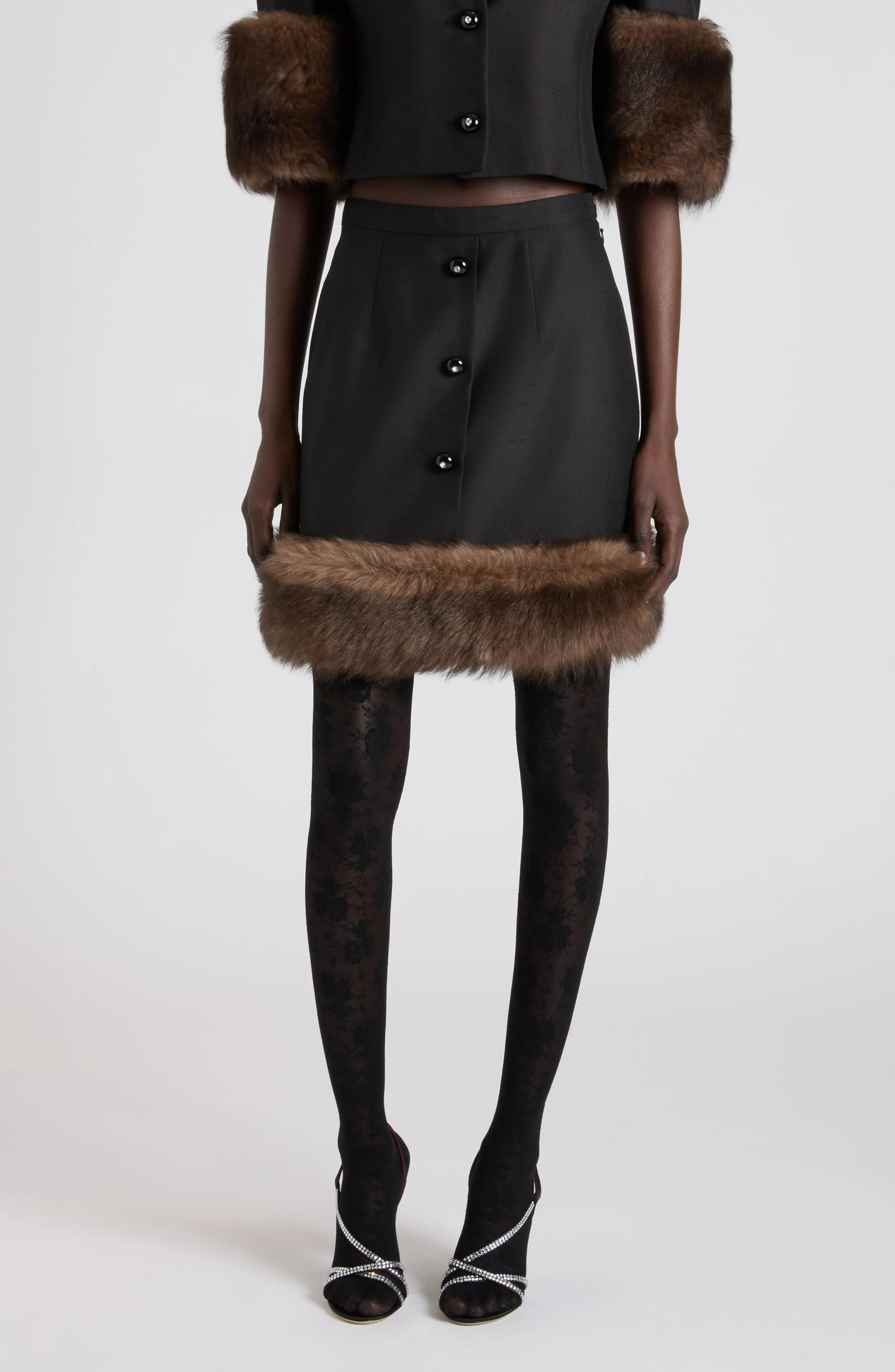 Valentino Silk Shantung Miniskirt with Genuine Shearling Trim in Black at Nordstrom - 1