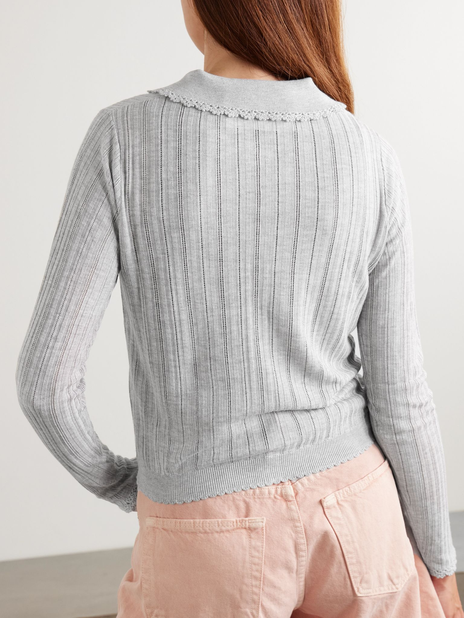 Lottie crochet-trimmed pointelle-knit cardigan Gray - 3