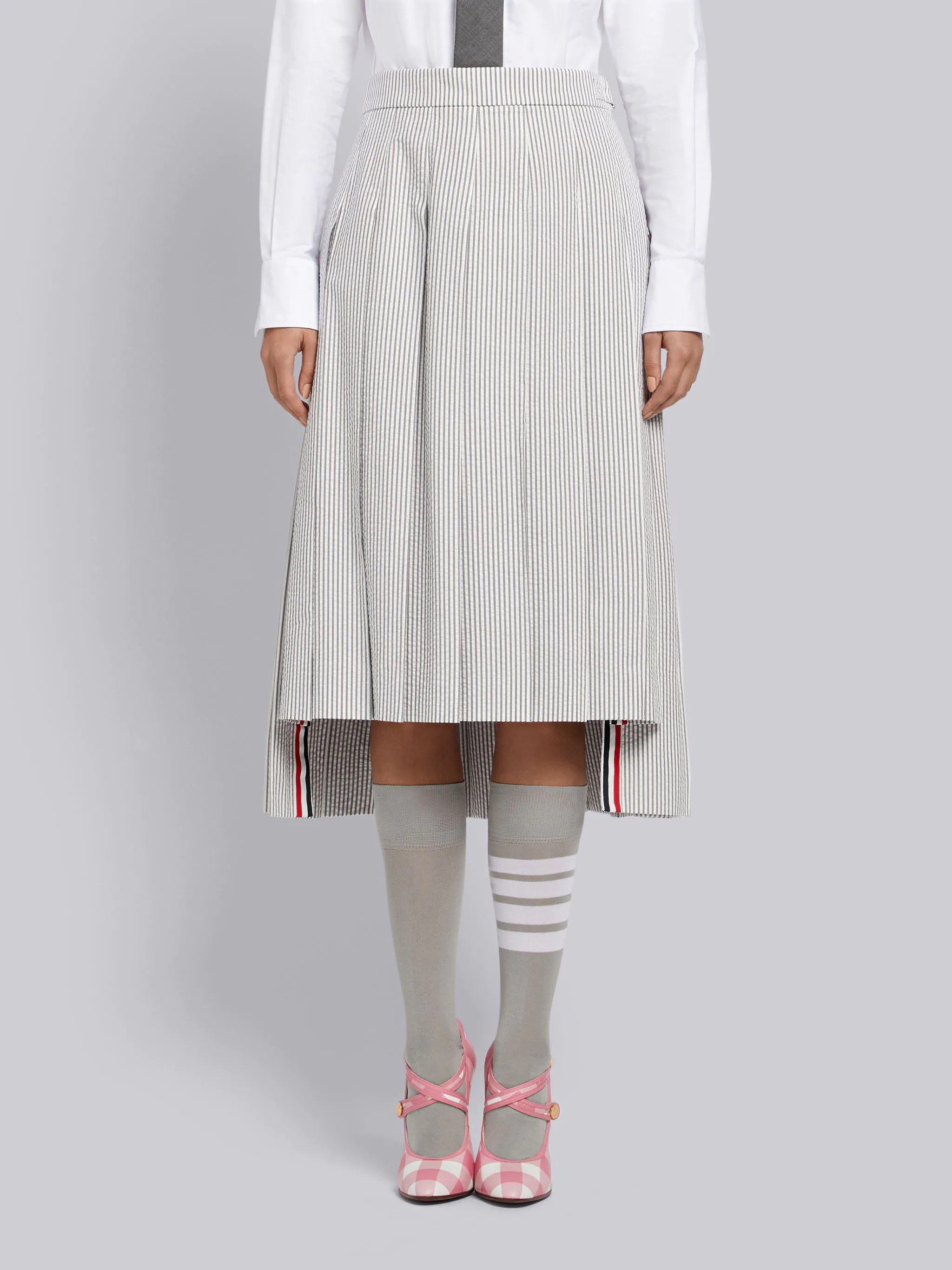 Medium Grey Seersucker Below-the-knee Pleated Skirt - 1