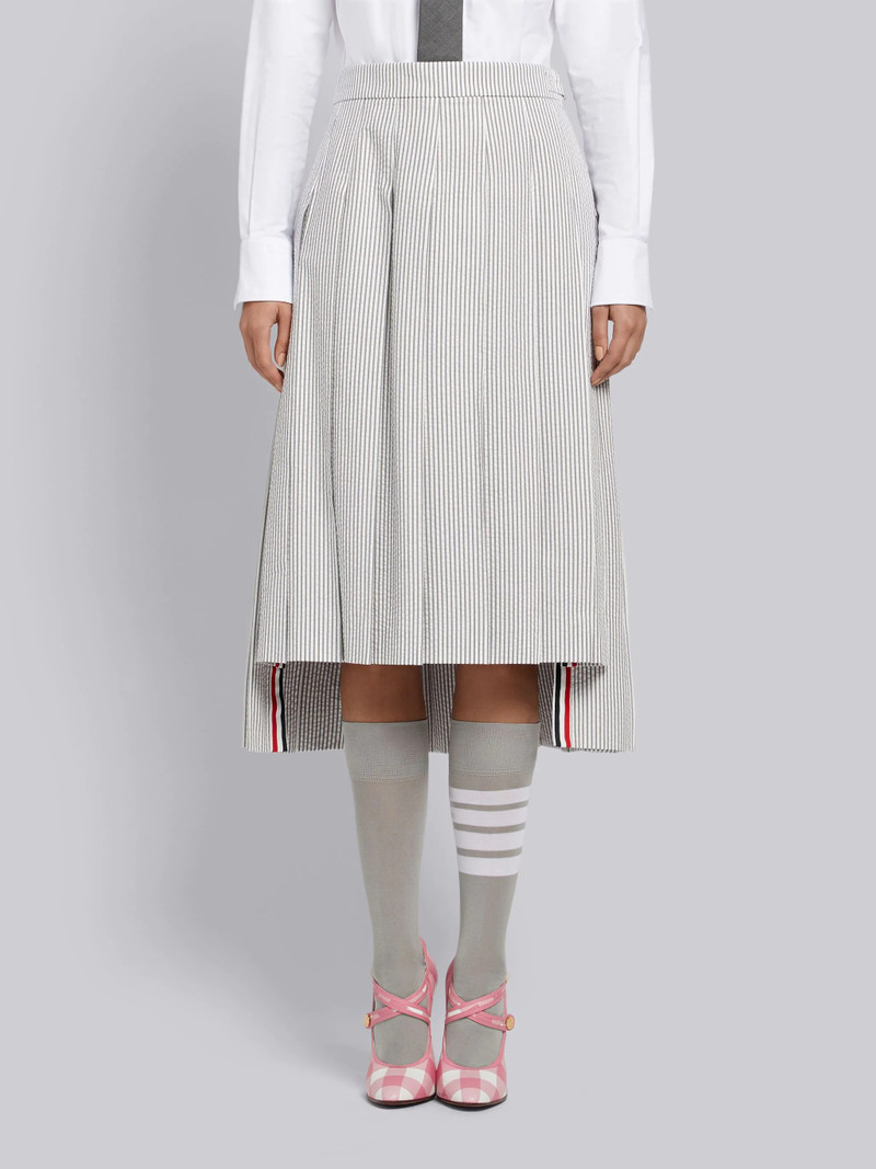 Medium Grey Seersucker Below-the-knee Pleated Skirt 1