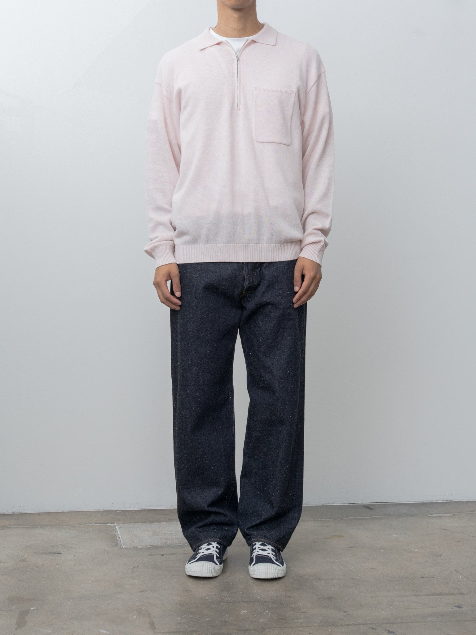 Linen Wool Brushed Zip Up Polo Sweater - Pink - 2