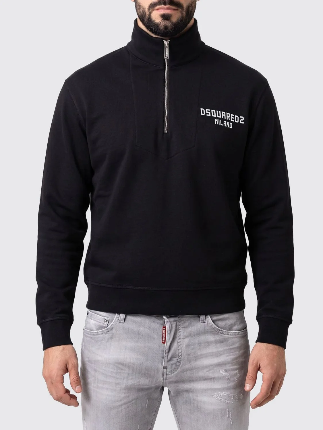 DSQUARED2 High Neck Cotton Zip Sweatshirt with Printed Logo - 1