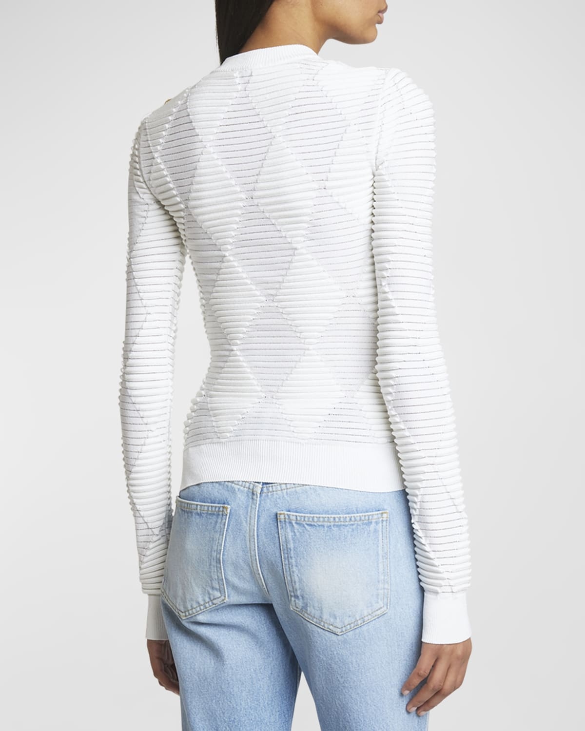 Long-Sleeve Three-Button Diamond Textured Knit Top - 6