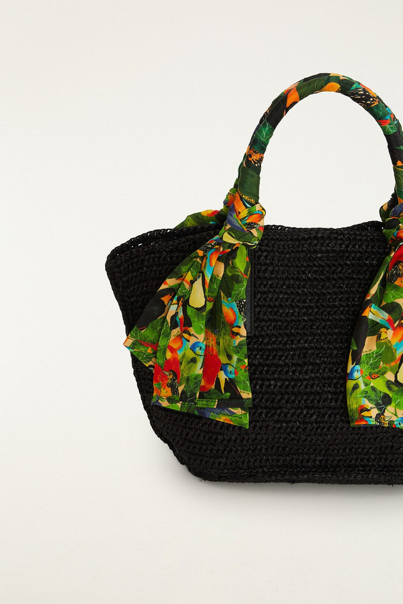 Black Scarf Raffia Mini Basket Bag 4