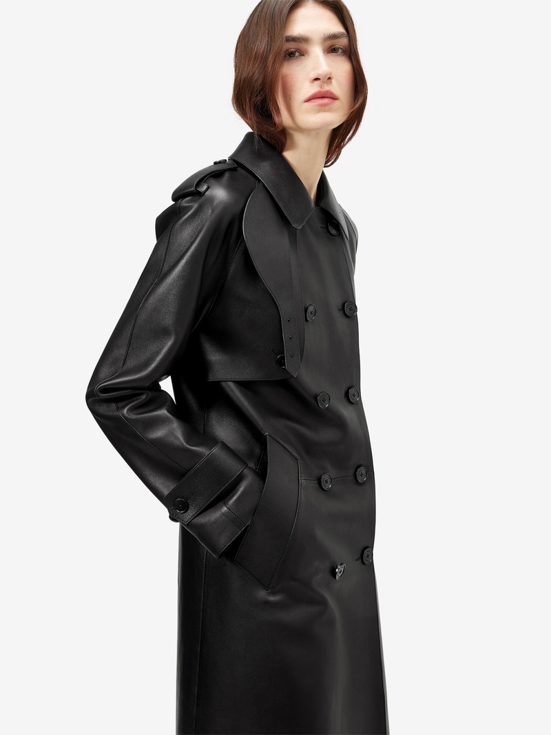 Women's Leather Hooded Trench Coat in Black 6