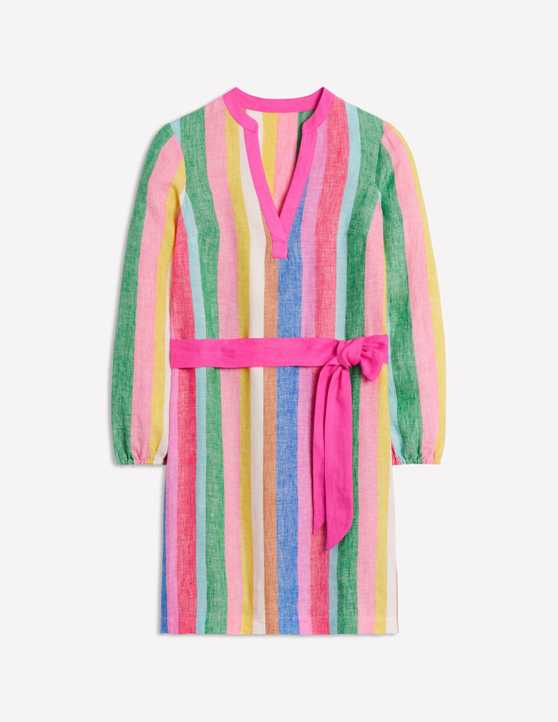 Cleo Linen Tie Waist Dress-Bright Rainbow Stripe 1