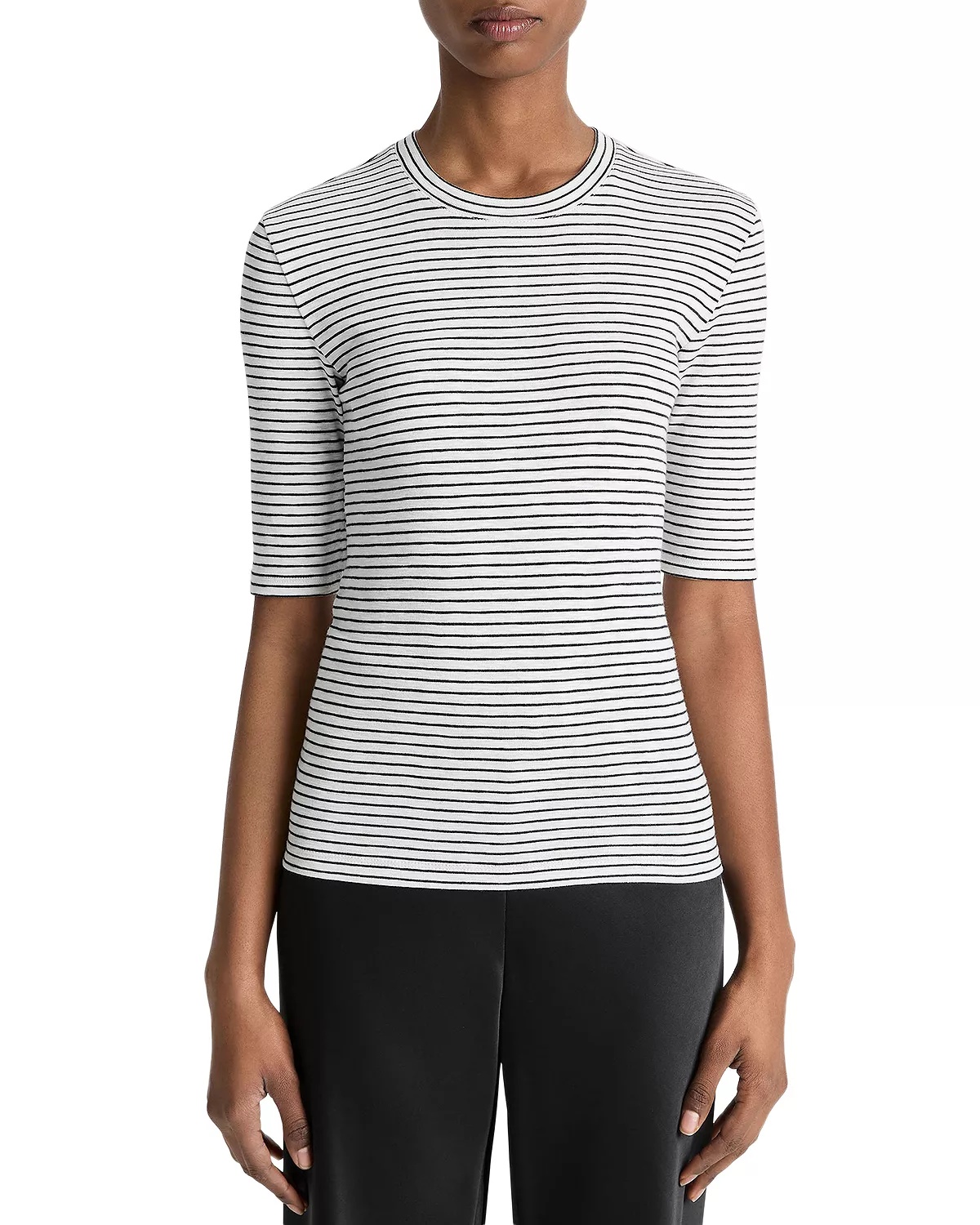 Striped Elbow Sleeve Crewneck Tee - 1