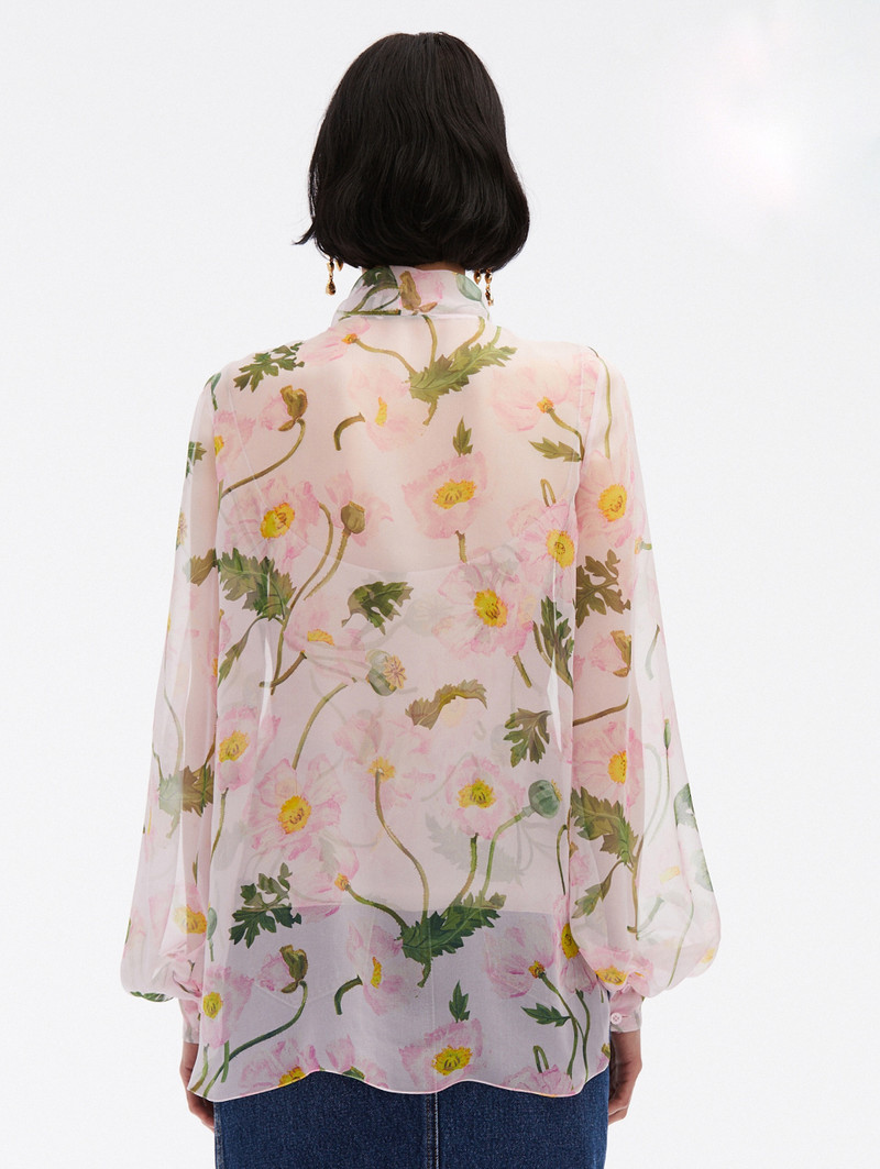 Oscar de la Renta PAINTED POPPIES TIE-NECK CHIFFON BLOUSE outlook