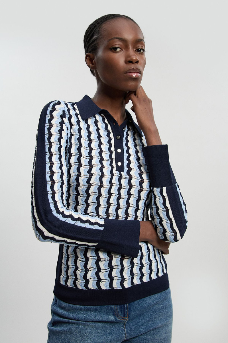 KAREN MILLEN Knit Pointelle Contrast Collared Top outlook